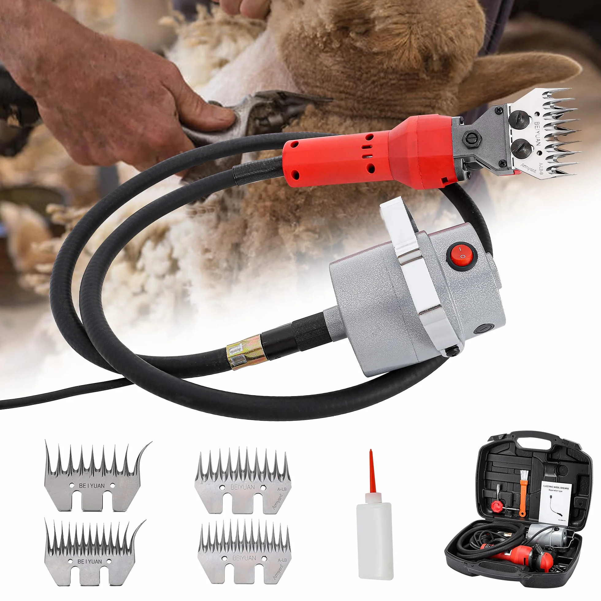 CGOLDENWALL Macchina per Tagliare La Lana Elettrica 750w, Motore a Rame Ad Alte Prestazioni 2400rpm, 4 Tipi Di Lame (Rette 9&13/Curve 9&13) per Pecora, Capra, Cavallo, Vitello, Alpaca, Cammello