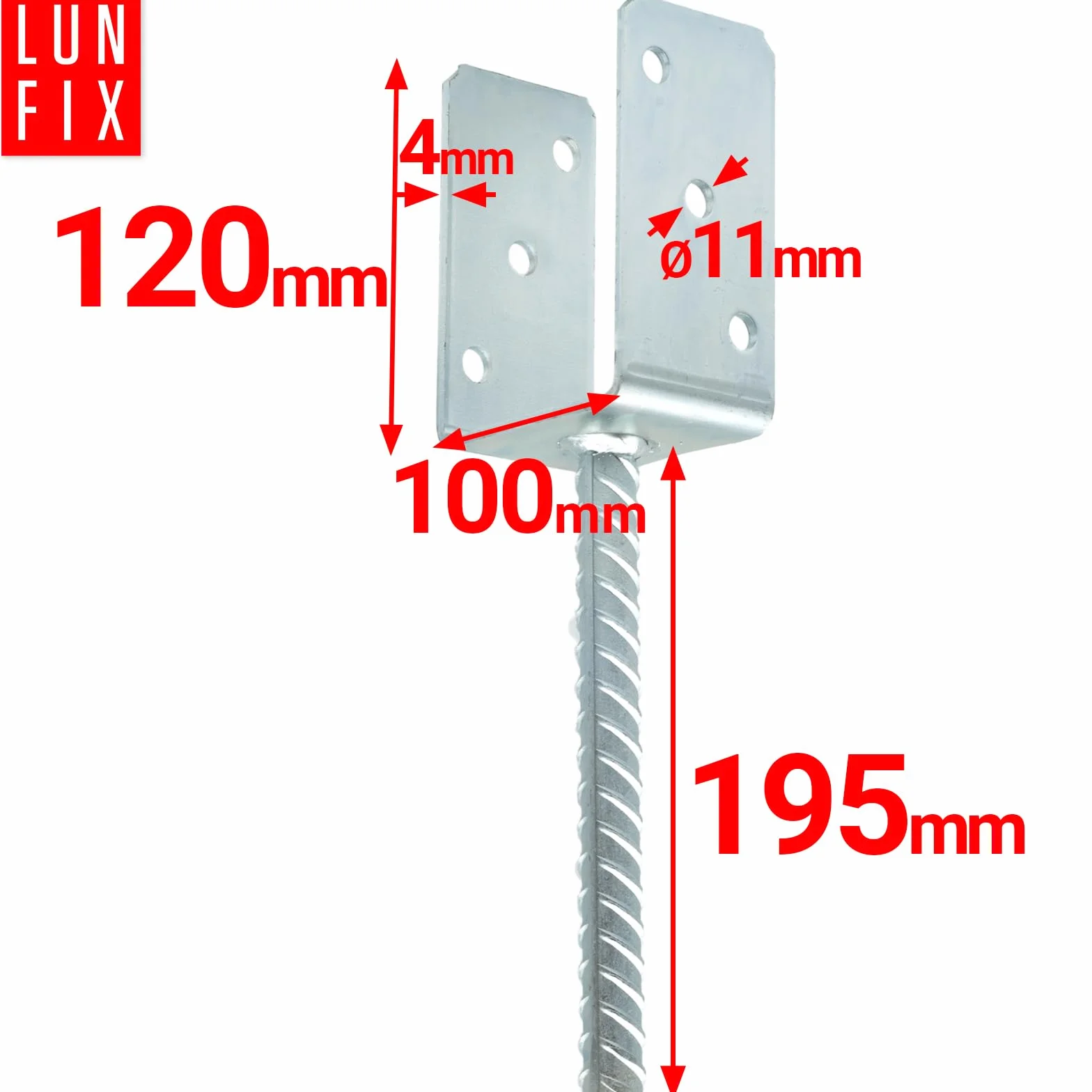Attacco per palo da 100 mm, supporto per pali a forma di U con ancoraggio in calcestruzzo, altezza 195 mm, altezza lato U 120 mm, acciaio da 4 mm, zincato a caldo