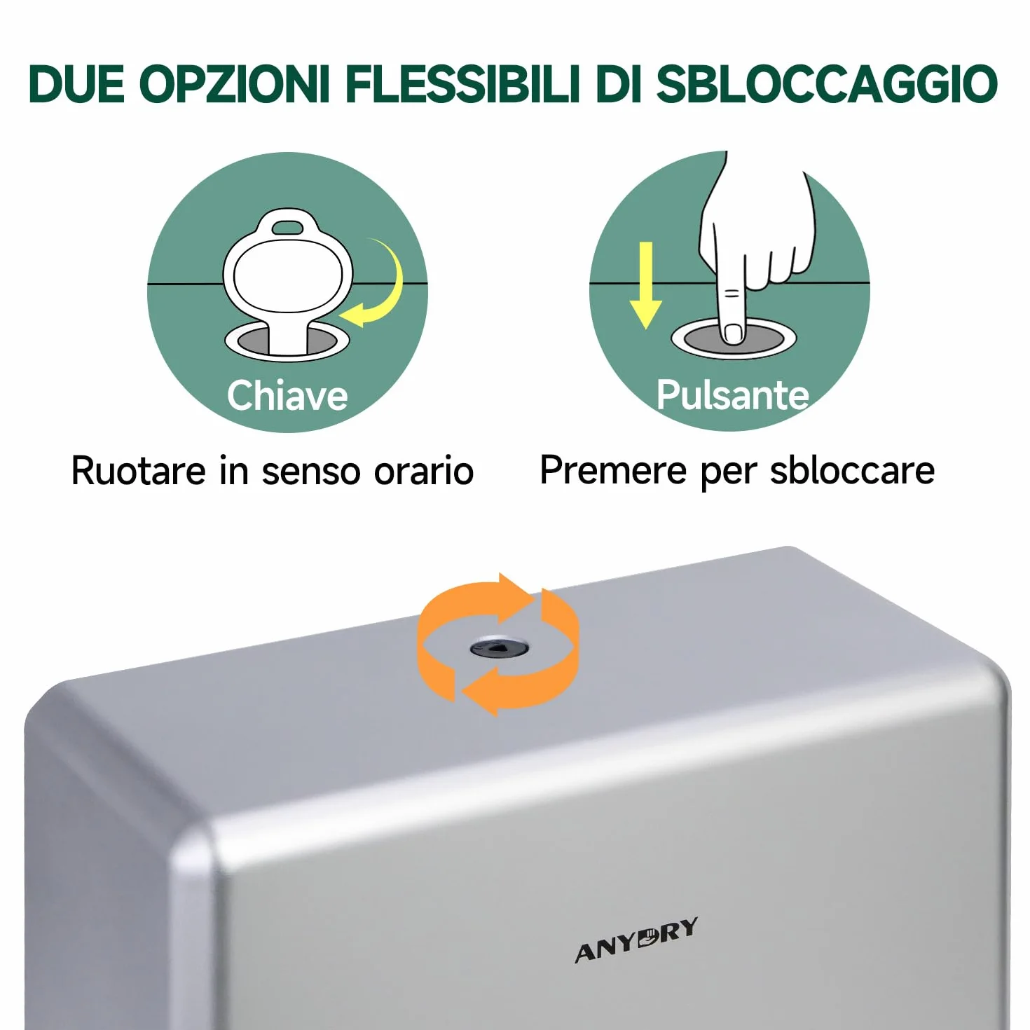 anydry Dispenser Asciugamani di Carta a Parete, Piega H3/V/ZZ, 25,2 x 11,5 cm, Modello 5302H, Argento