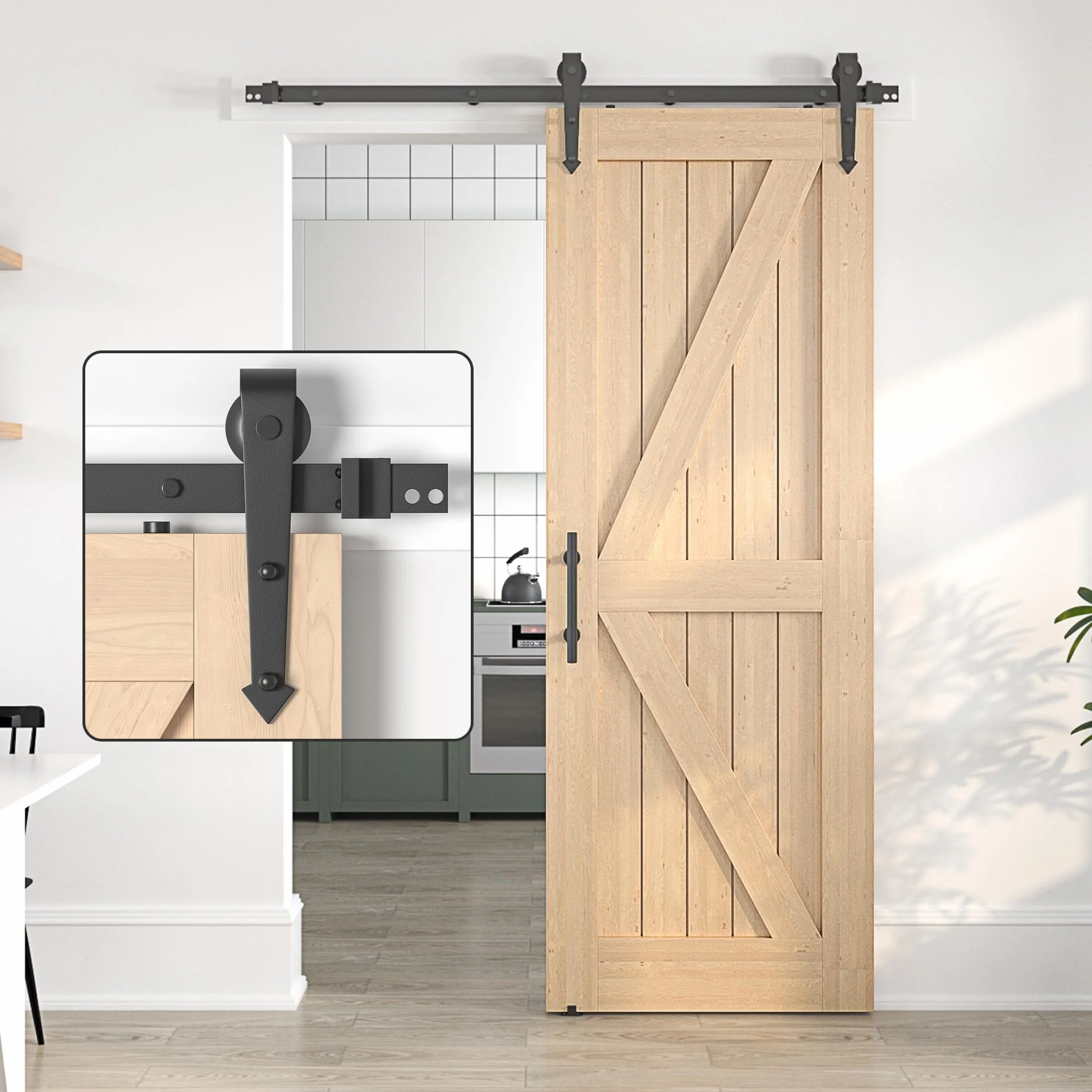 Kit per porta scorrevole senza porta, 152,5 cm, kit per porta scorrevole singola in legno, binario per porta scorrevole in acciaio resistente, a forma di freccia, colore nero