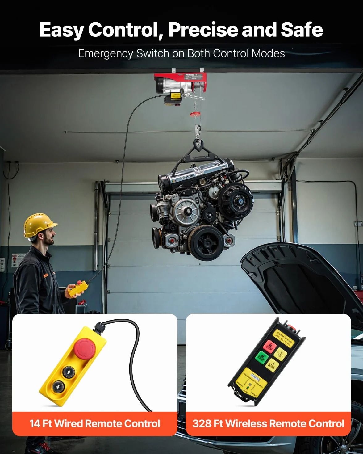 VEVOR Paranco Elettrico Doppio Cavo Carico max. 600kg, Telecomando a Filo 4,2m, Altezza di Sollevamento Cavo Singolo 12m, Paranco Arresto di Emergenza, Sollevatore per Garage, Magazzino, Fabbrica