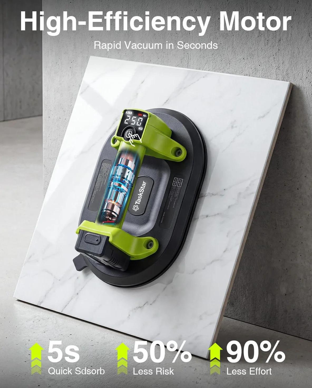 Taskstar Ventosa Elettrica: Ventosa a Batteria da 25cm per Piastrelle con 4x Batteria da 3000mAh - Carico verticale 250 kg - Display LCD, Sollevatore a Vuoto Senza Fili per Piastrelle (Verde)