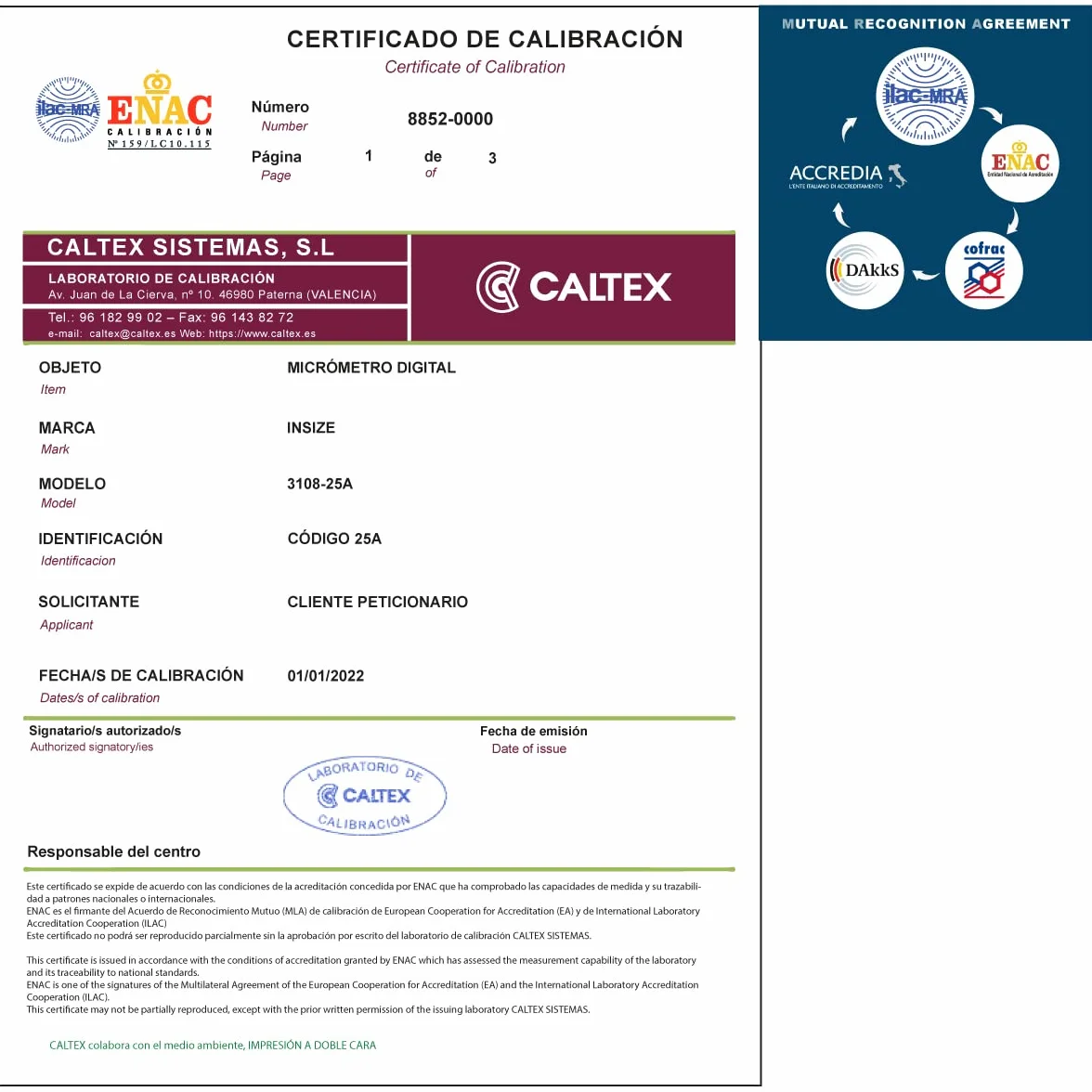 Micrometro tarato INSIZE 3108-25A con Certificato di Taratura Acreditato LAT (accettato da ACCREDIA)