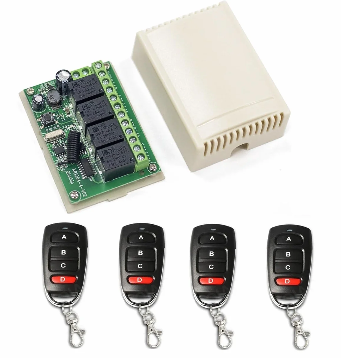 QIACHIP Interruttore di controllo remoto wireless DC 12V 24V 4CH 10A Ricevitore relè a radiocomando a 4 canali 433Mhz con 4 trasmettitori RF, per luci, porta del garage, motore