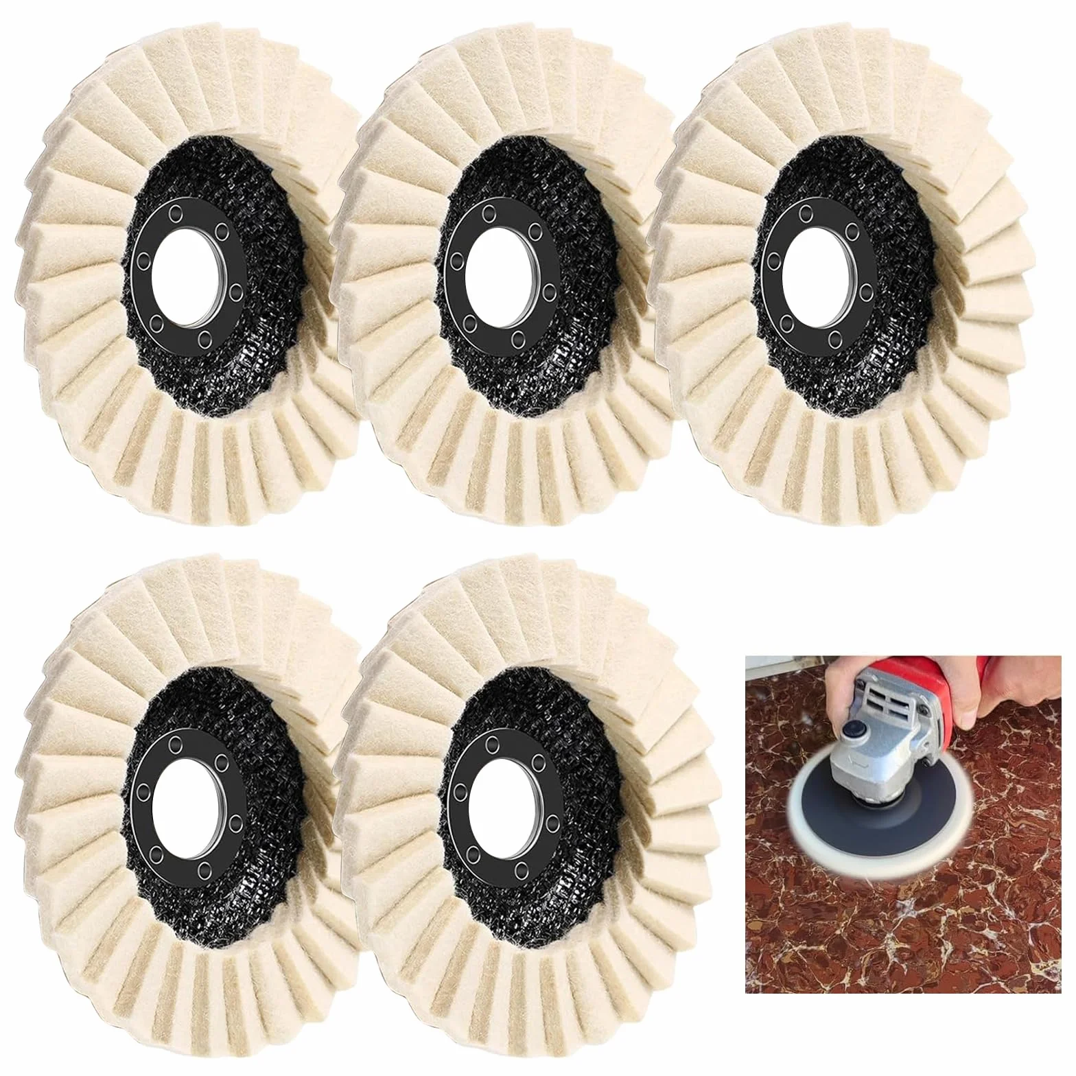 5 dischi per lucidatura in feltro, 125 mm x 22,2 mm, per smerigliatrice angolare Flex Lucidatura, dischi in feltro di lana per levigare e lucidare vernice, legno, acciaio inox e plastica