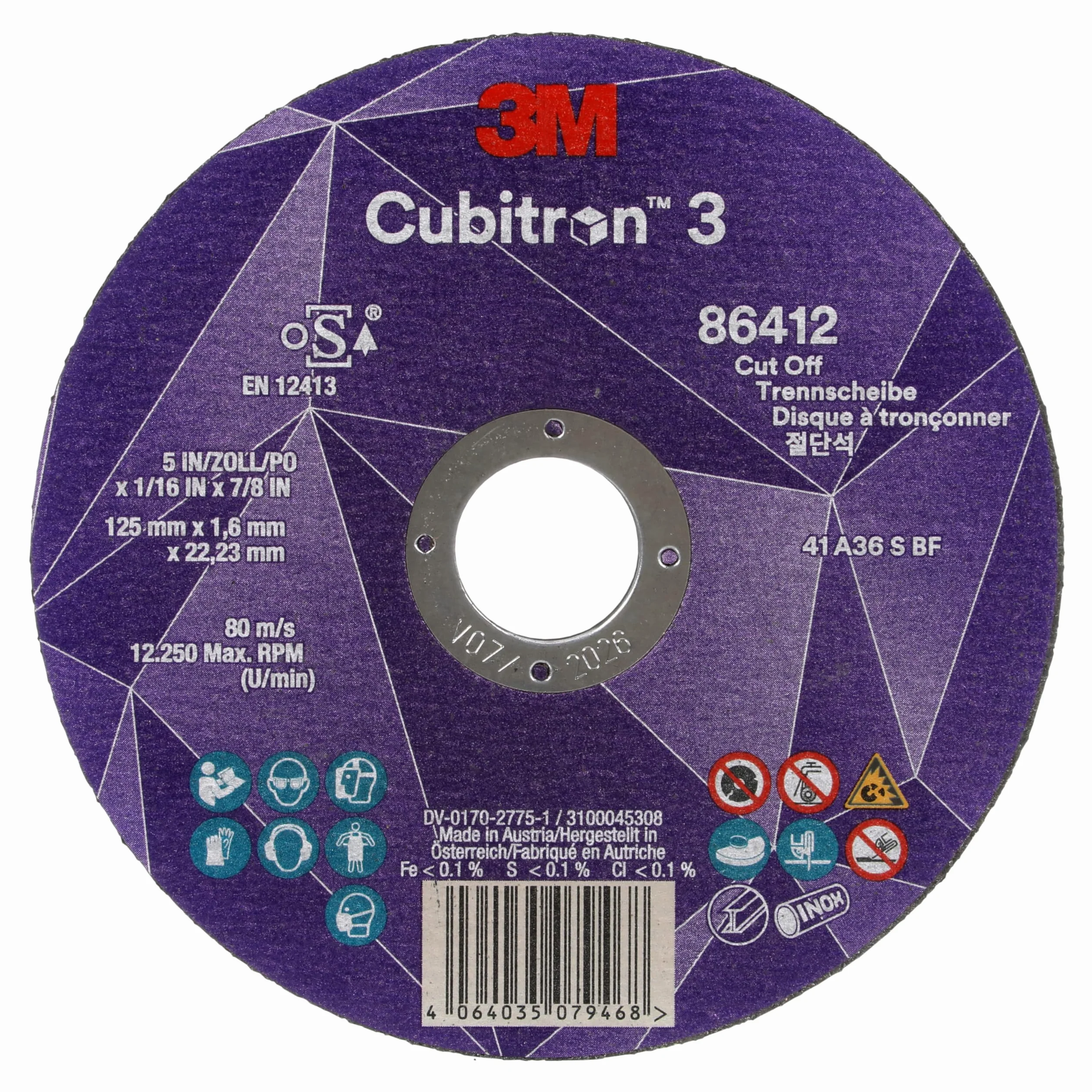 Disco da Taglio 3M Cubitron 3, 86616, 60+, T41, 115 mm X 1 mm X 22.23 Mm, En, 25/ Pack