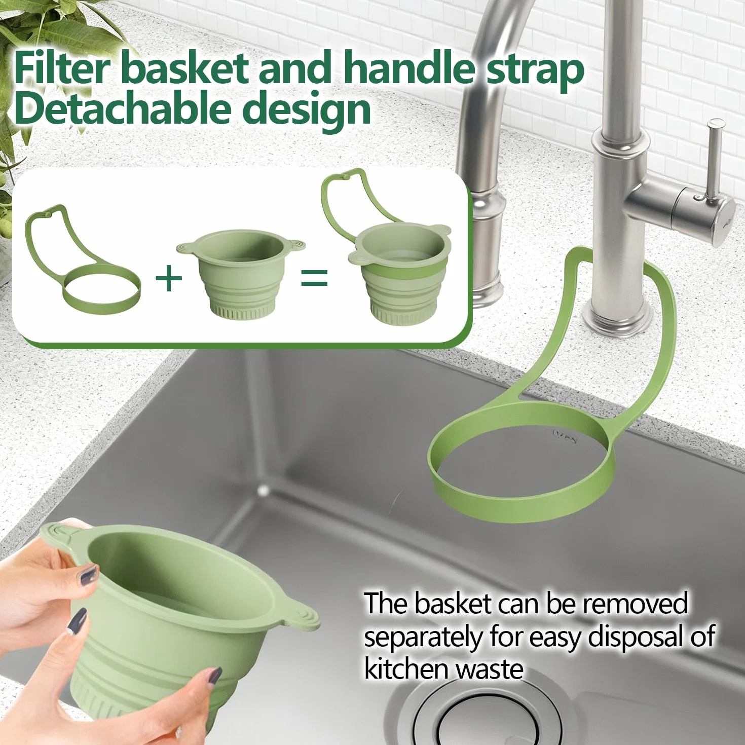 Pieghevole Cestello di Scarico per Lavello da Cucina, Cestello Filtro per Lavandino in Silicone, Rimovibile da Appendere, per Filtrare i Residui di Cibo e Prevenire L'Intasamento del Lavello (Verde)