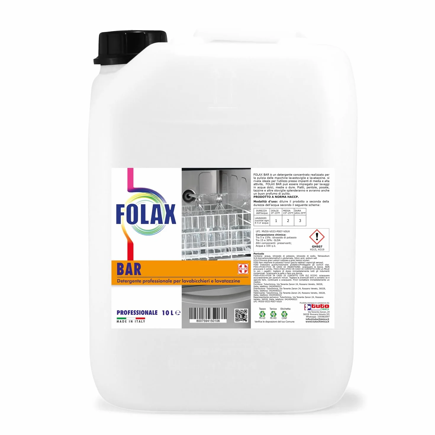 FOLAX BAR LT 10 Detergente Lavabicchieri Bar, Detersivo Professionale Lavastoviglie, Lavabicchieri e Lavatazzine, Concentrato, HORECA, Haccp