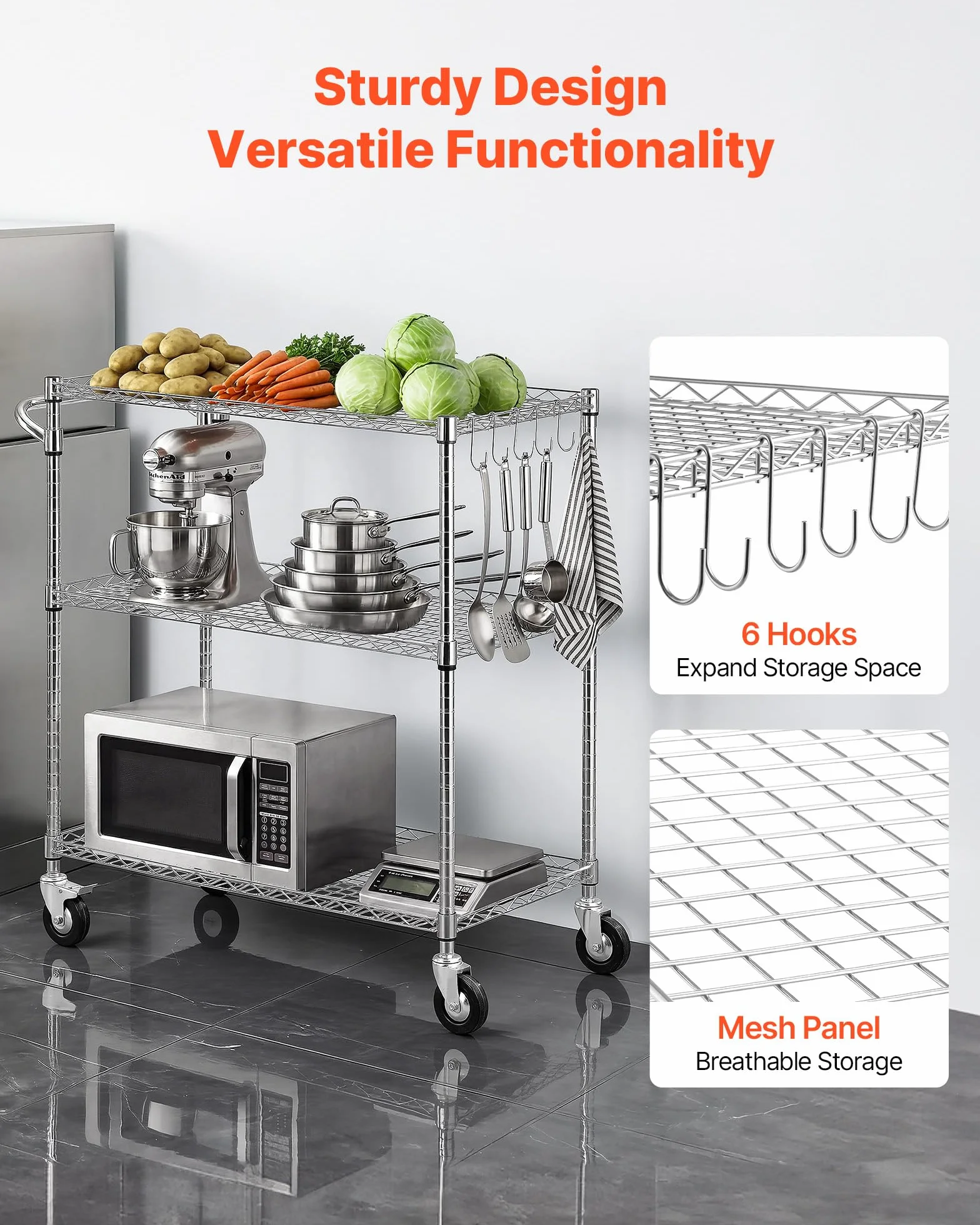 VEVOR Carrello da Servizio da Cucina 3 Ripiani, Carrellino di Servizio Carico max 300 kg con Ruote Ripiani in Filo Metallico Altezza Regolabile in Metallo, Carrello Portaoggetti da Garage Cucina