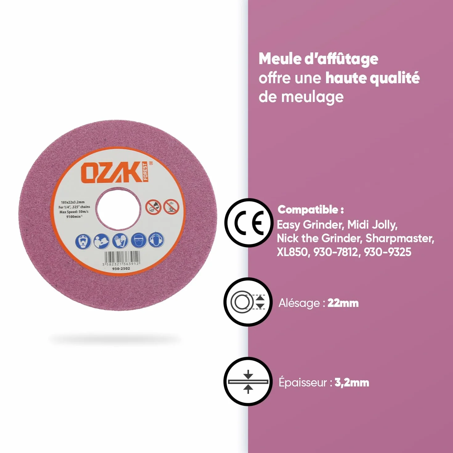 OZAKI - Mola Affilatura Di Ricambio - Ø ext. 100 mm, foro 22 mm, spessore 3,2 mm, per catene da 1/4", 0,325", per macchine Easy Grinder, Midi Jolly, Nick The Grinder & 9307812