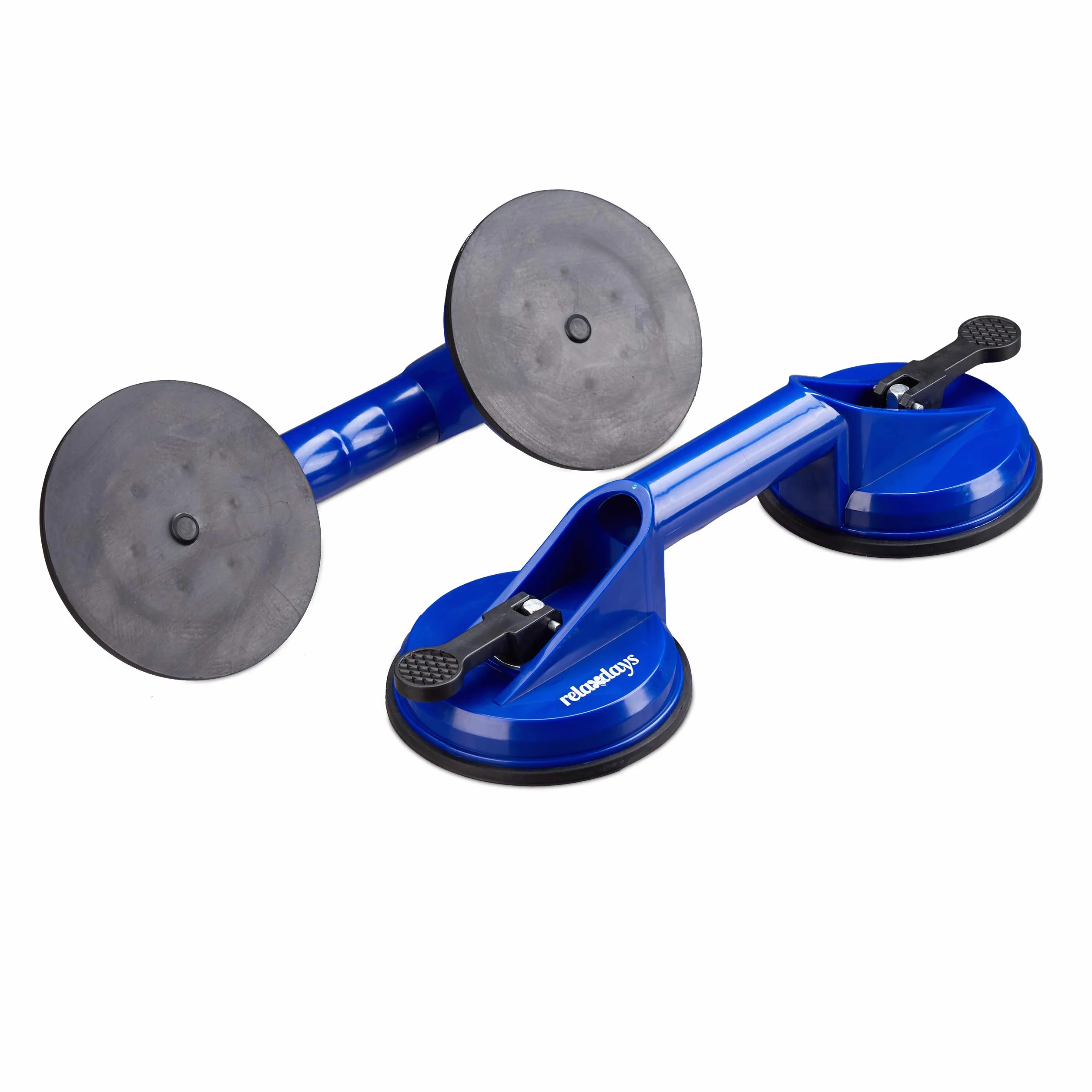Relaxdays Ventosa di Sollevamento Doppia, Set da 2, Alzavetri, Piastrelle & Pannelli, Max. 80 kg, Ø 12 cm, Blu
