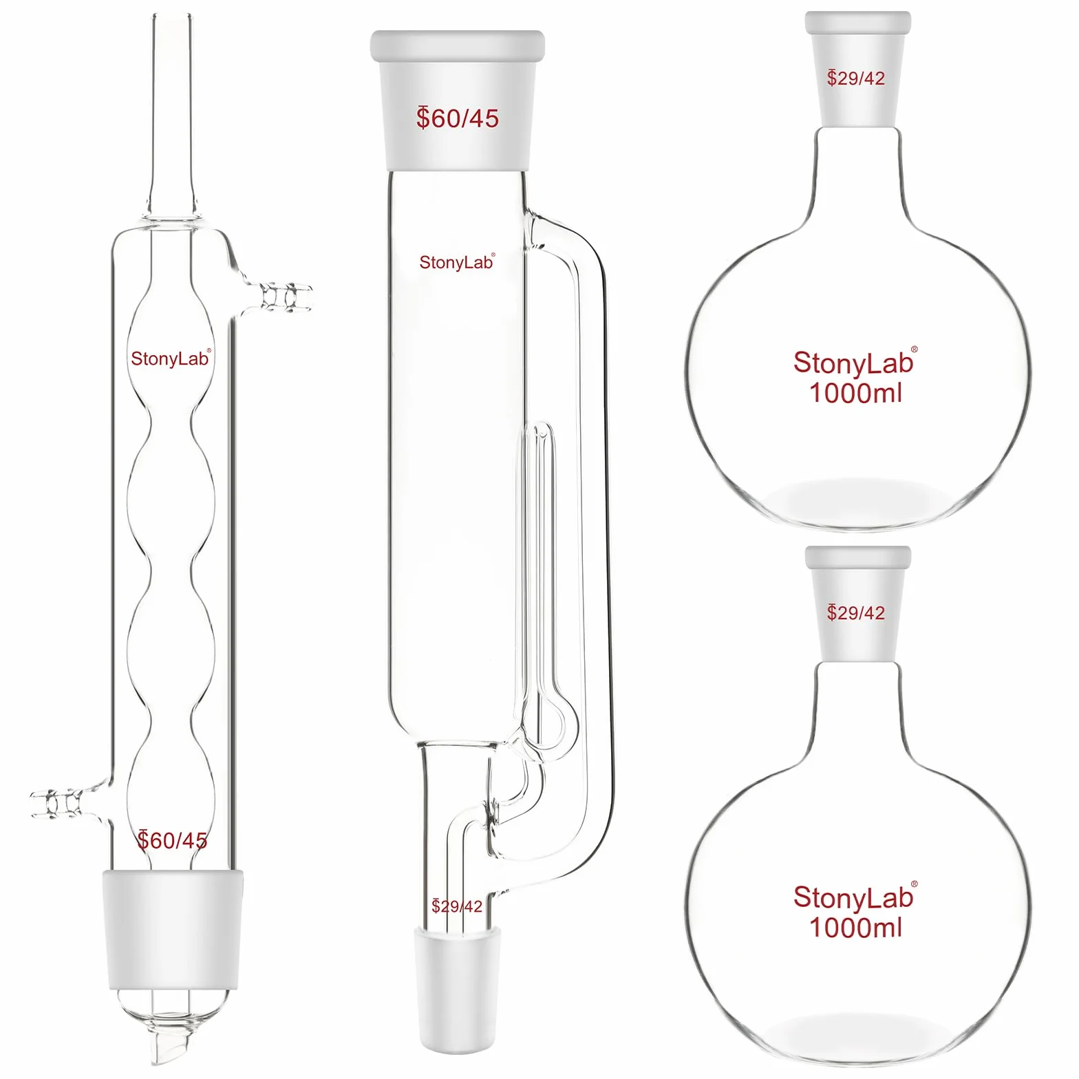 stonylab Apparecchio di Estrazione di Tipo Soxhlet in Vetro Borosilicato, 60/45 Estrattore Soxhlet e Condensatore Allihn con Due Matracci a Fondo Piatto da 1 L 29/42 Essenziali Estrazione Laboratorio
