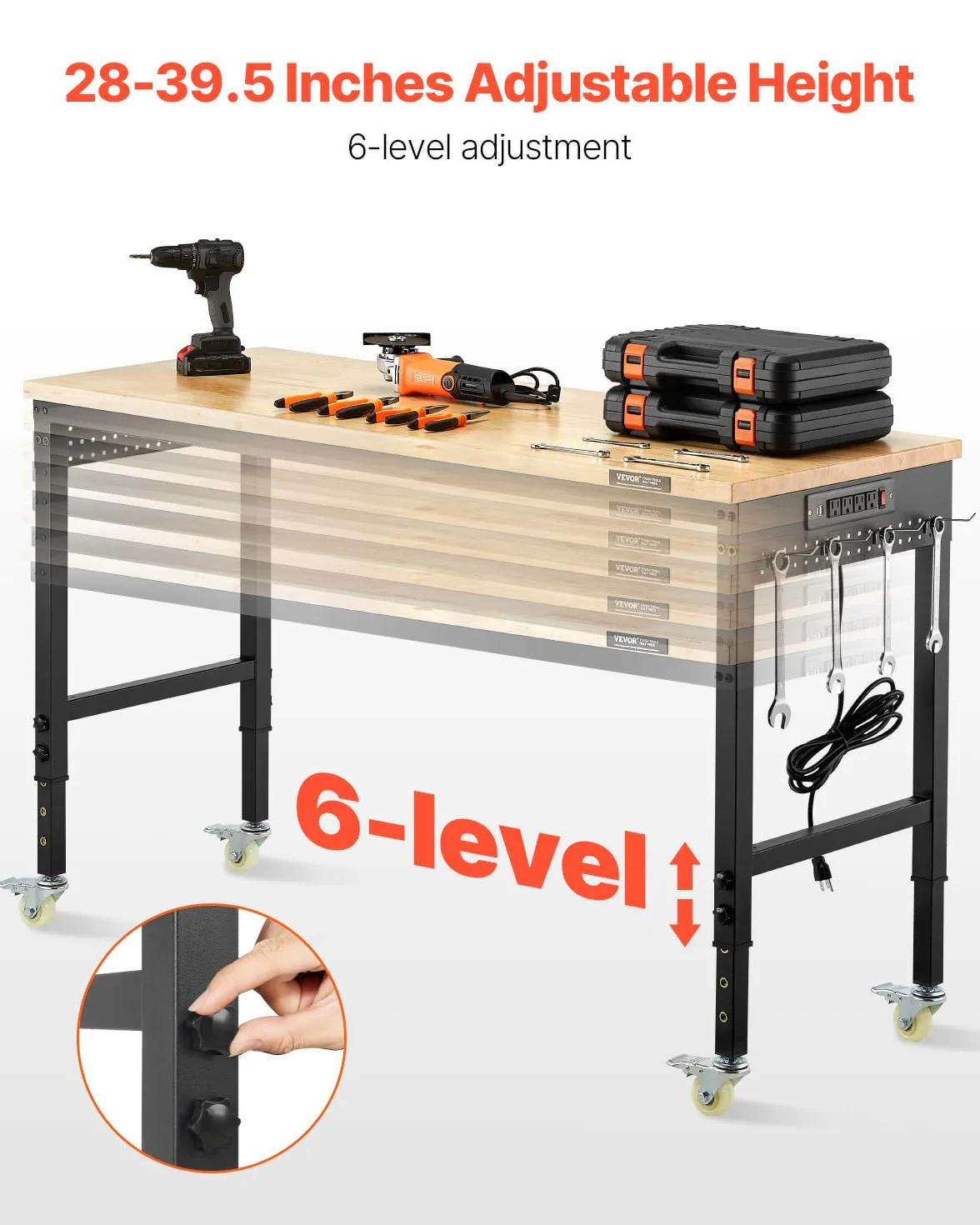 VEVOR Banco da Lavoro Regolabile 1524 mm, Carico 907 kg, Presa di Corrente, Tavolo per Lavoro Porta Attrezzi, Piano in Legno di Quercia per Garage, Officina, Ufficio e Casa