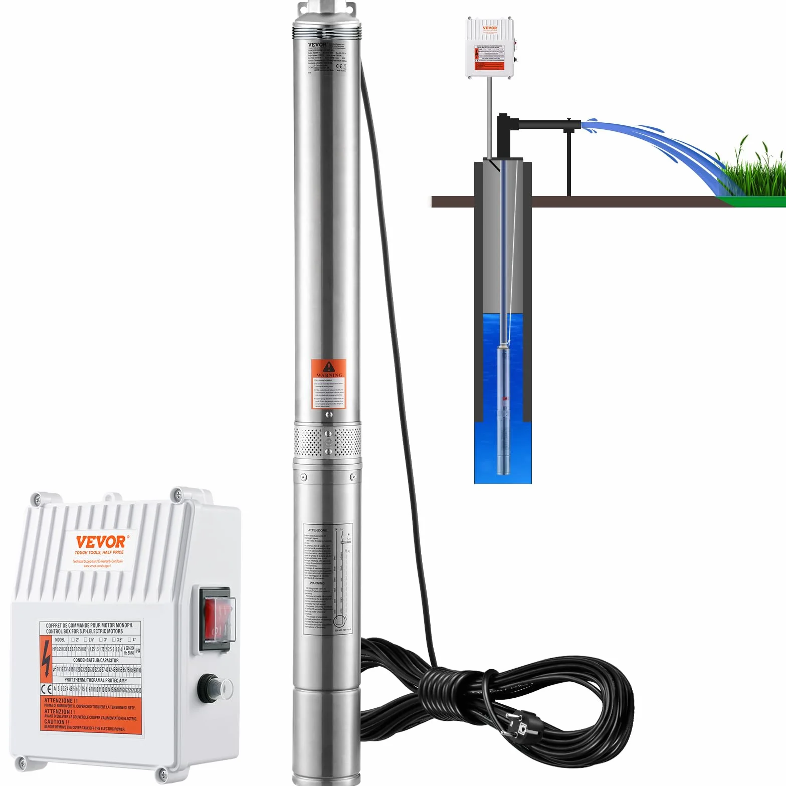 VEVOR Pompa Sommergibile per Pozzi Profondi, IP68 1500 W 230 V 60 Hz, Massima Portata 9,8 m³/h Prevalenza 108 m, Cavo 19,4 m Scatola Controllo, Acciaio Inox per Irrigazione Industriale Uso Domestico