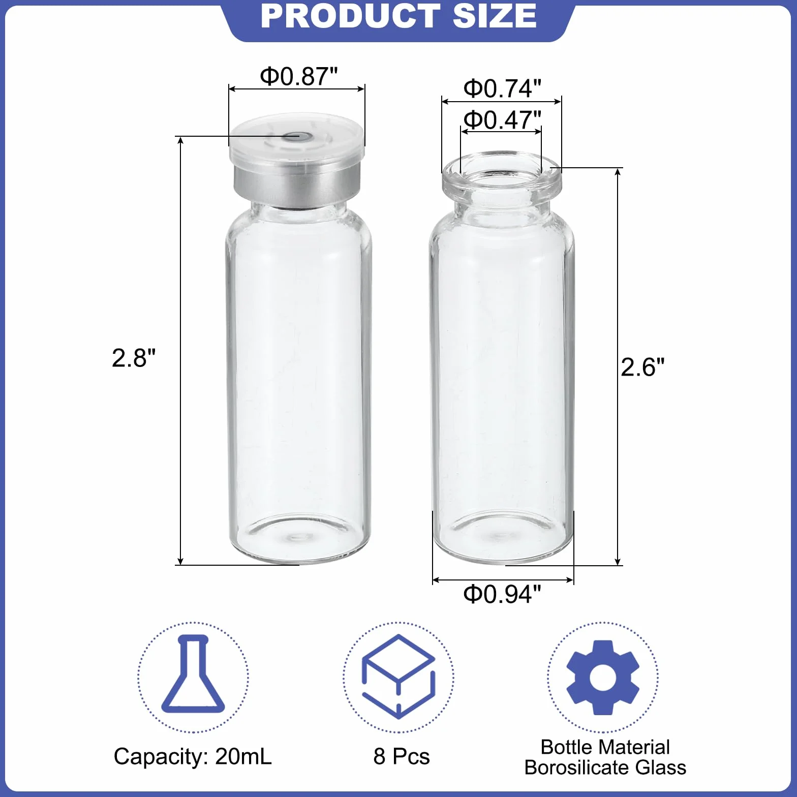 PATIKIL 20ml Fiale 8 Pacco Laboratorio Vuote Fiale con Butile Gomma Tappo e pinze Superiore Tappi Borosilicato Vetro Fiala Trasparente