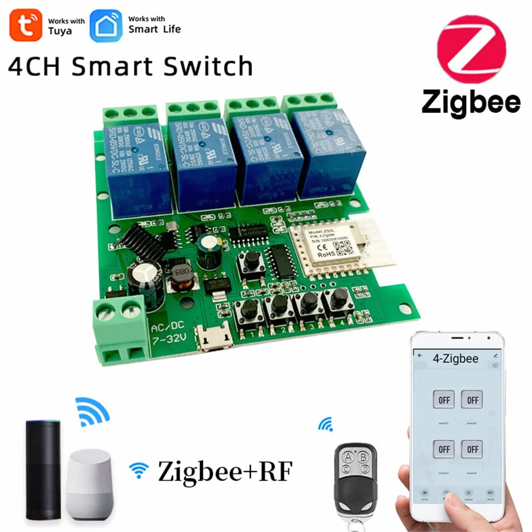 Modulo relè Zigbee Tuya Smart 4CH DC5V 7-32V RF433Mhz Interruttore della luce di controllo remoto Funziona con Alexa Home