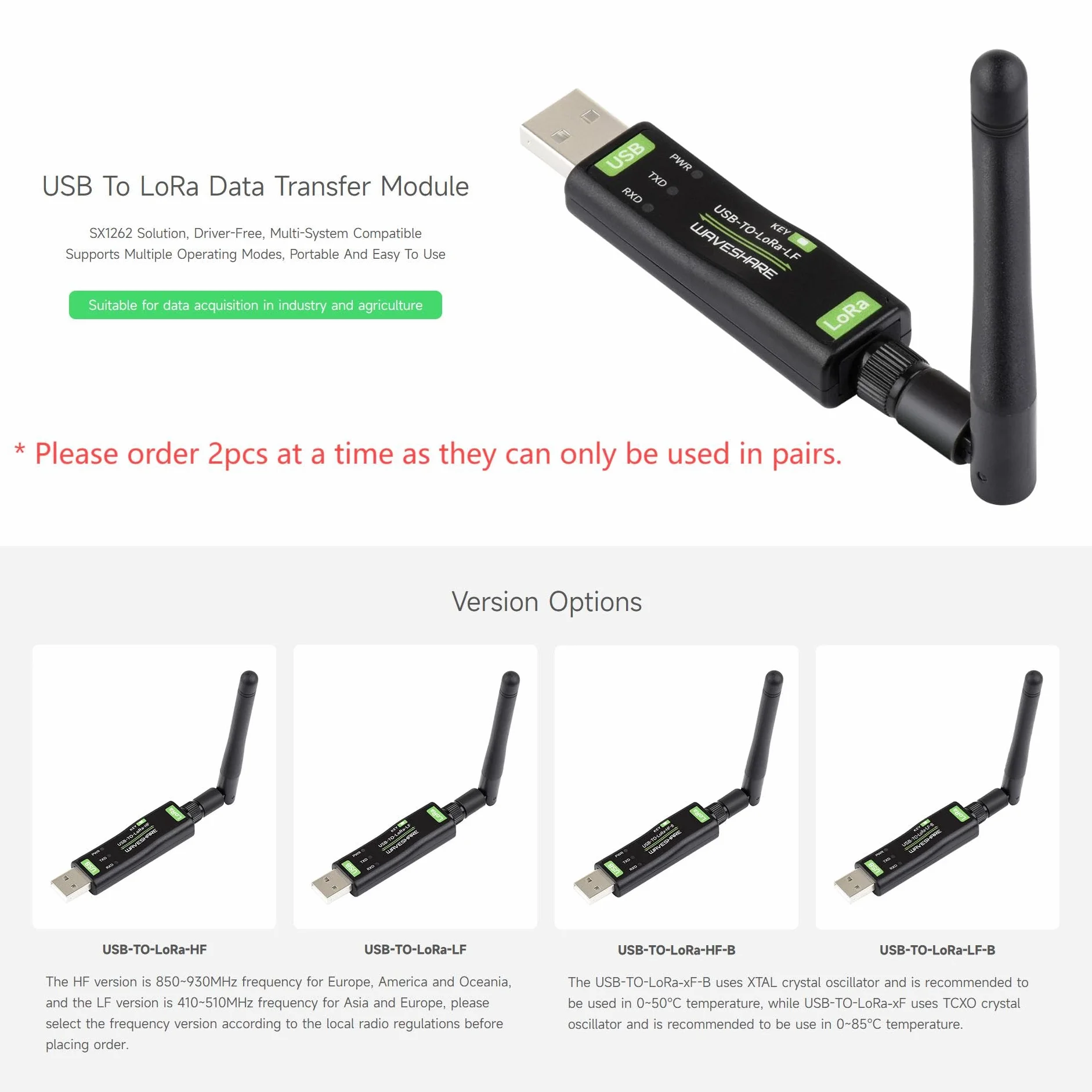 Waveshare USB to LoRa Data Transfer Module LF-B, Based On SX1262, Suitable For Data Acquisition In Industry And Agriculture,XTAL crystal oscillator,410~510MHz frequency for Asia and Europe