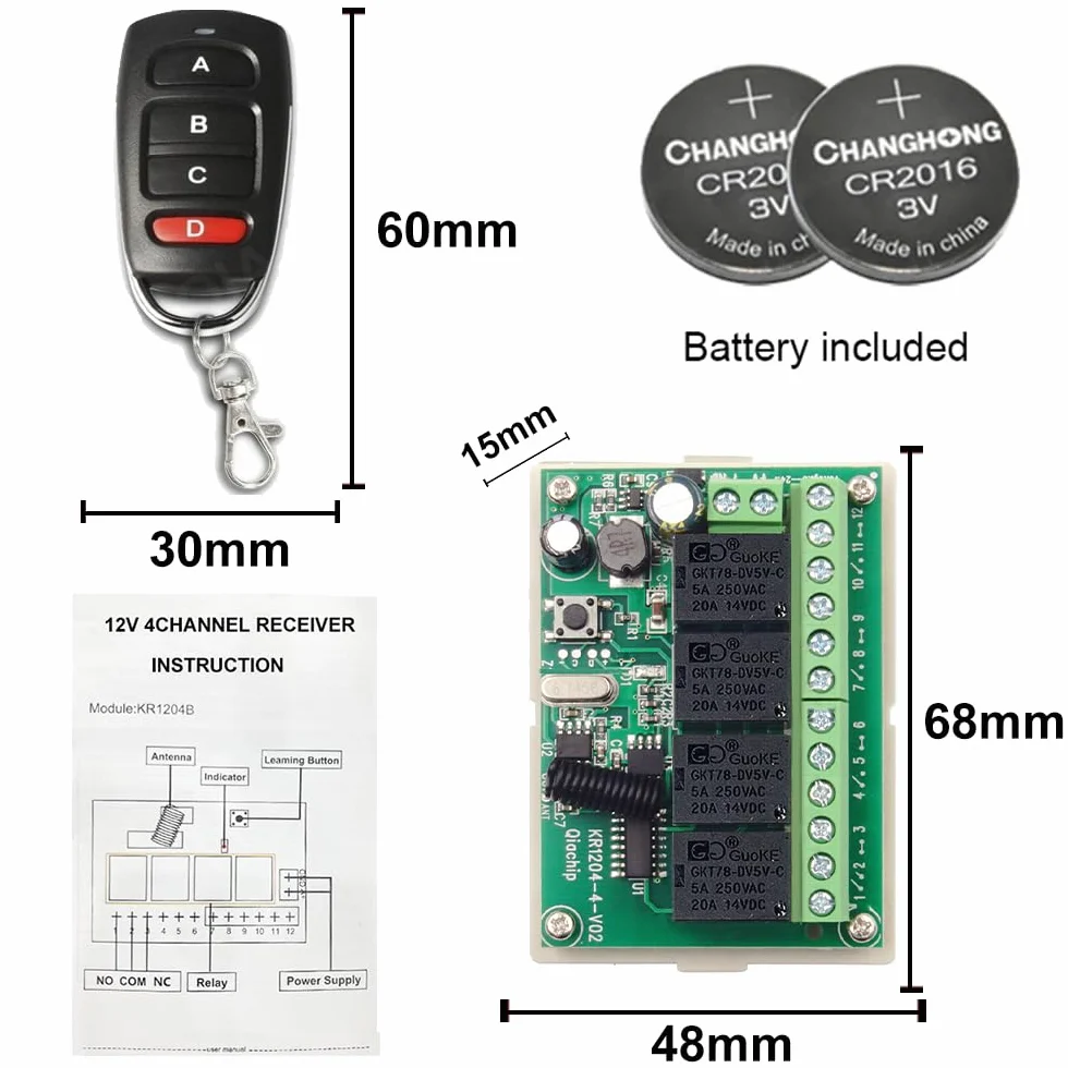 QIACHIP Interruttore di controllo remoto wireless DC 12V 24V 4CH 10A Ricevitore relè a radiocomando a 4 canali 433Mhz con 4 trasmettitori RF, per luci, porta del garage, motore