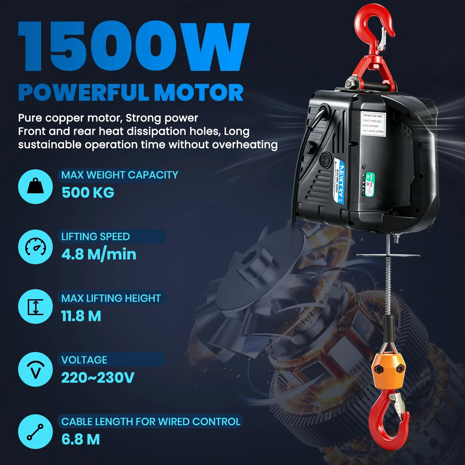 NEWTRY 3 in 1 Paranco elettrico telecomando senza fili 11,8 m/38ft 1500 W Winch elettrico con protezione da sovraccarico (carico 300 kg)