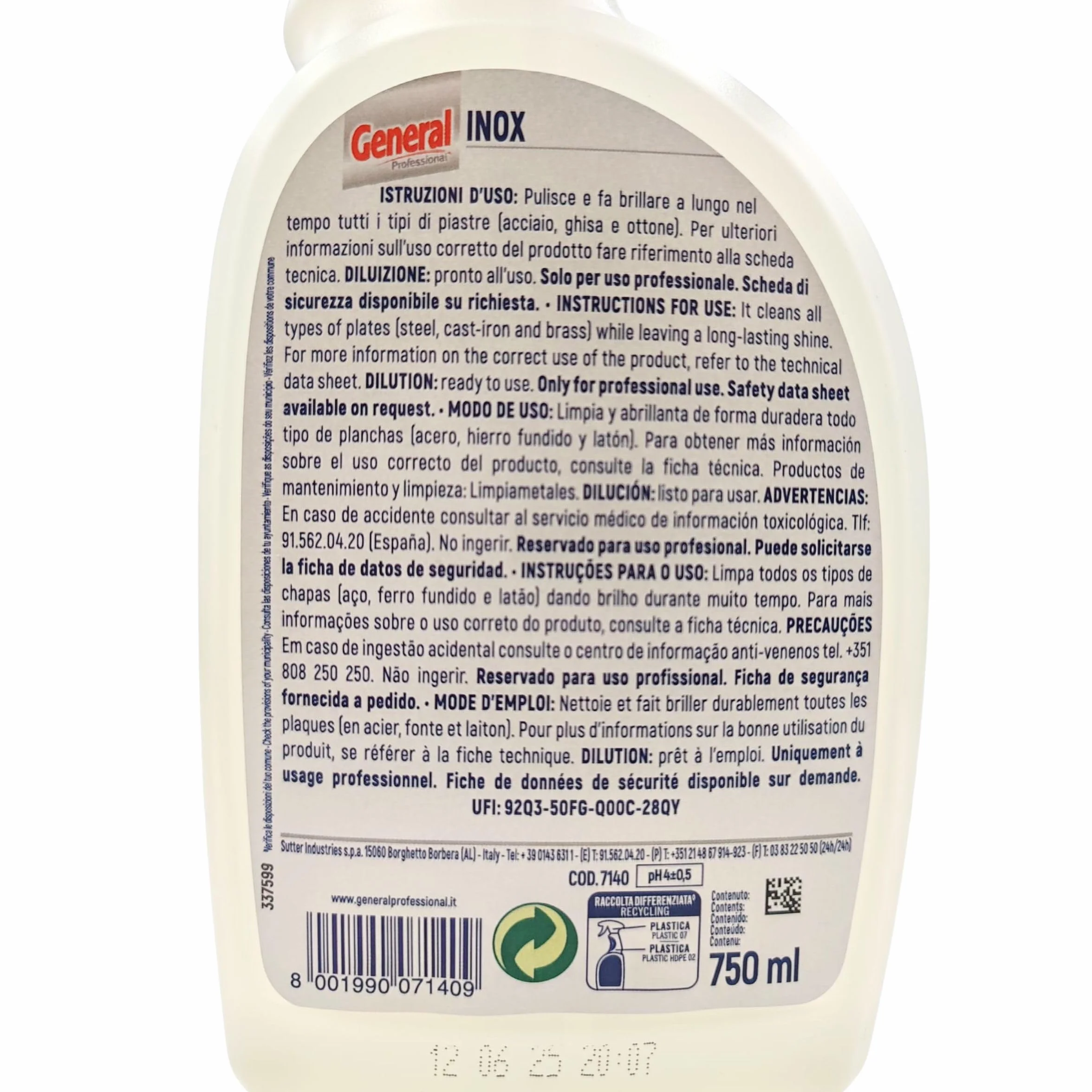 Inox Pulitore Rapido e Lucidante 750 ml - Effetto Brillante senza Aloni - Ideale per Acciaio, Ghisa e Ottone - Uso Professionale HACCP - Flacone Spray
