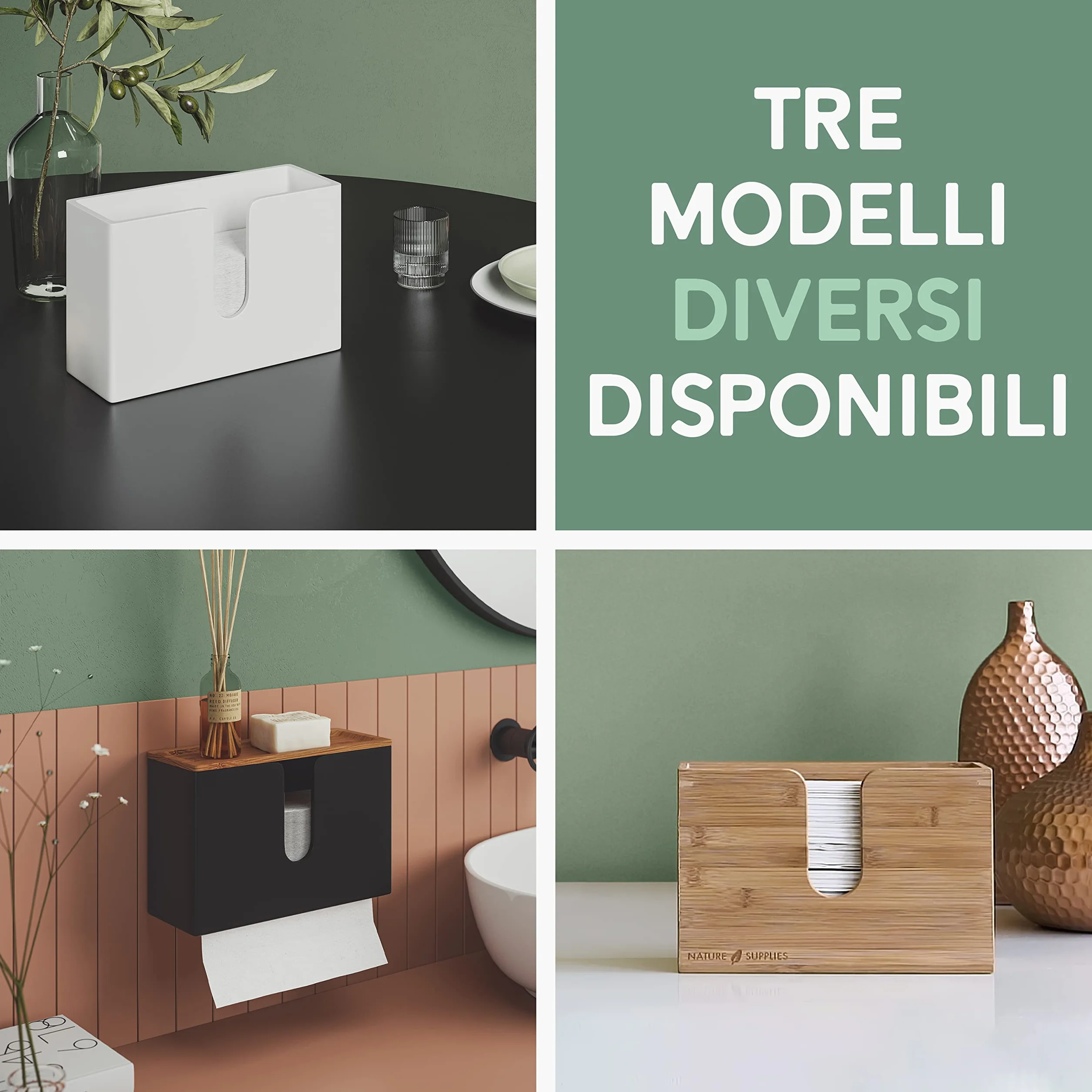 Dispenser per Carta Asciugamani in Legno NATURE SUPPLIES - Porta Salviette da Parete, Bambù Naturale, Nero
