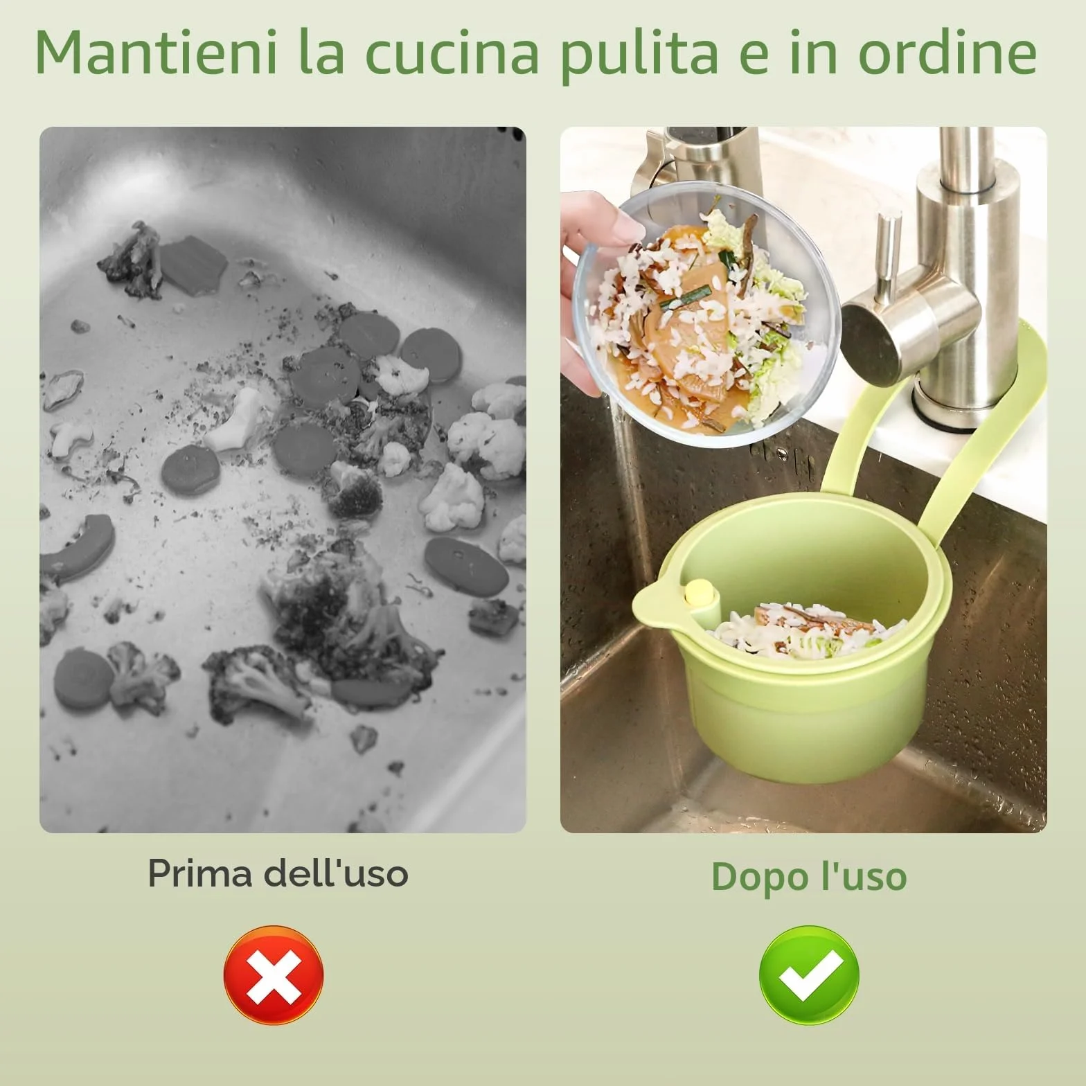 Zikenis Cestello di scarico in plastica,filtro di scarico multifunzione,adatto alla maggior parte dei rubinetti standard,per il lavaggio e lo stoccaggio in cucina (verde)