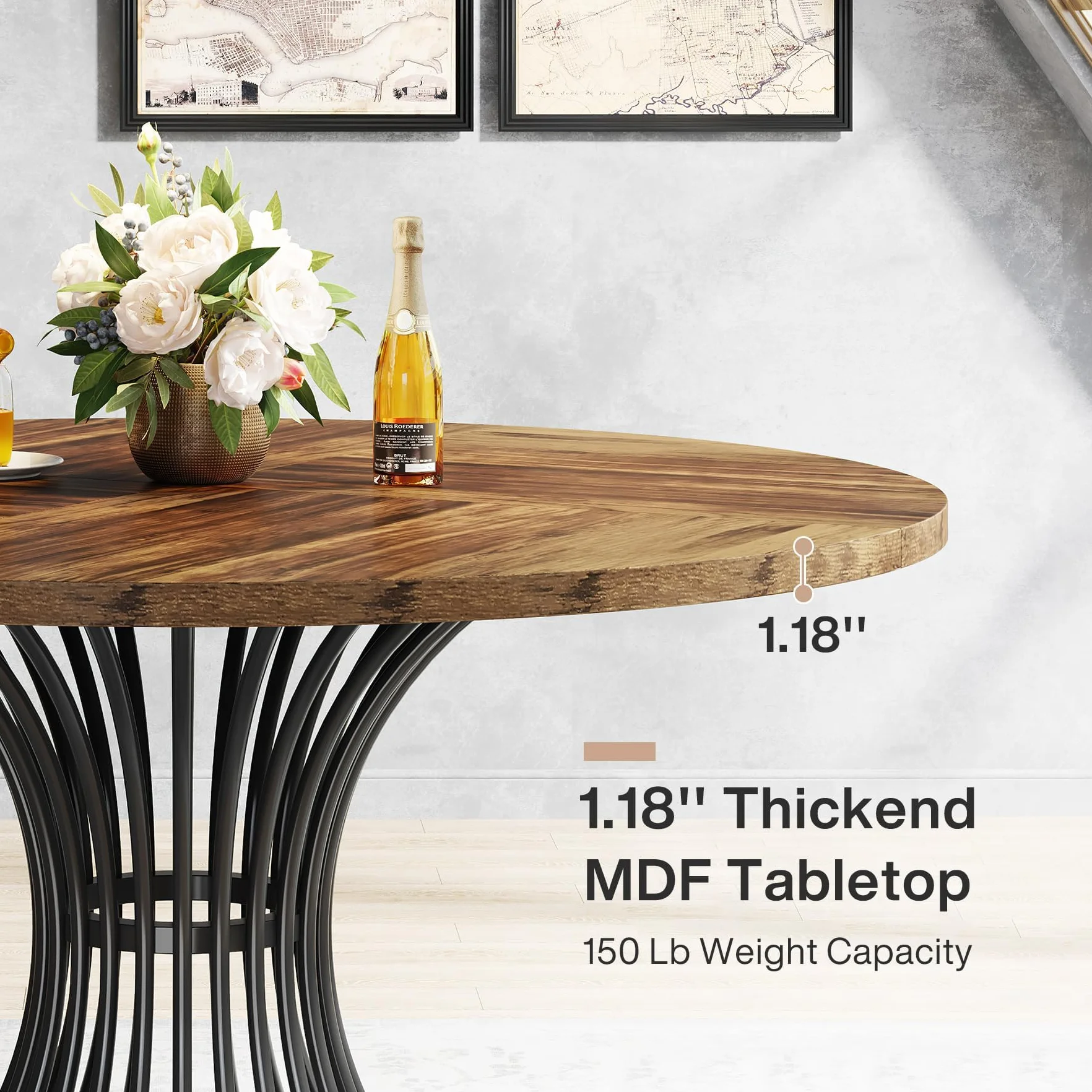 Tribesigns Tavolo da pranzo rotondo da 120 cm, per 4-6 persone, stile rustico e design industriale, stabile base in metallo per cucina e soggiorno, nero-marrone