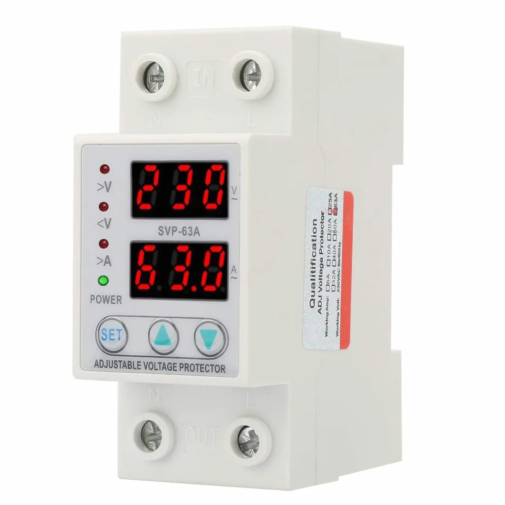 Protezione Sovracorrente, Protezione Corrente di Tensione AC230V 63A, Protezione Sovratensione Monofase, 230V-300V Regolabile, Installazione su Guida DIN