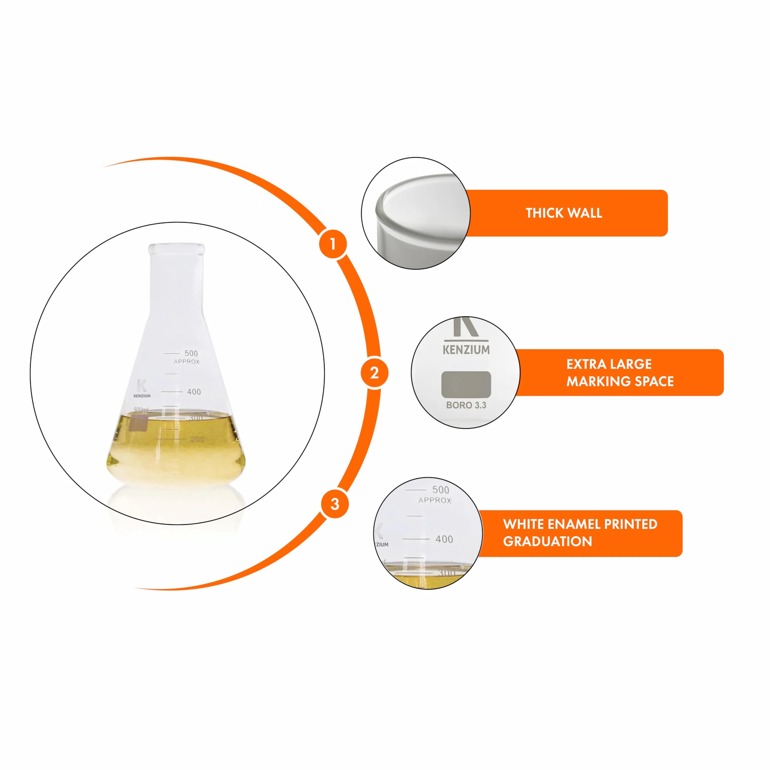 KENZIUM - Pack 3 x Beuta Erlenmeyer | Formati: 150, 250 e 500 ml | Vetro Borosilicato 3.3 | Graduazione Stampata | Collo Stretto | Ideale Laboratorio, Scuola