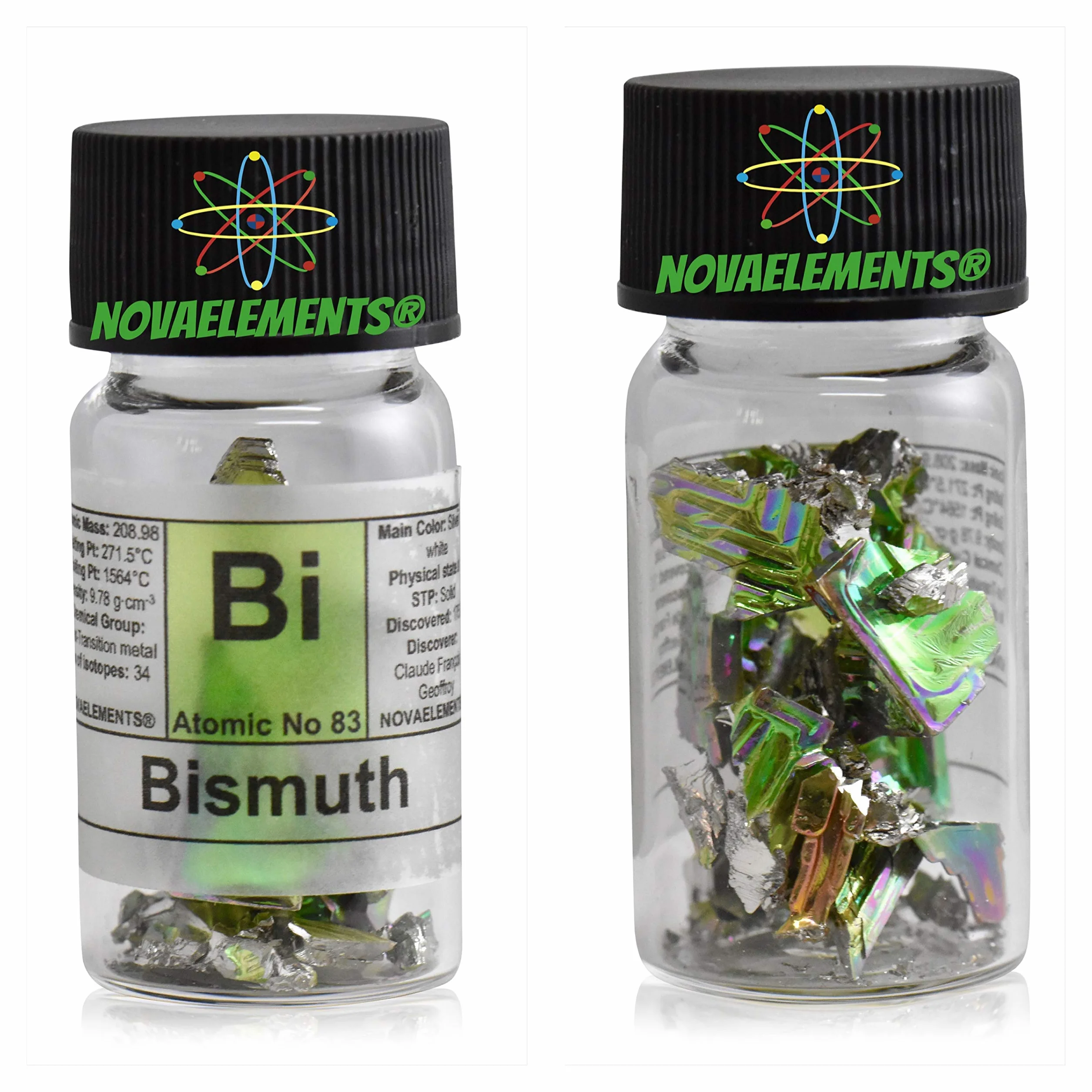 Bismuto metallico elemento 83 Bi, cristallo singolo puro circa 12 grammi 99,99% in fiala di vetro con etichetta, fiala piena