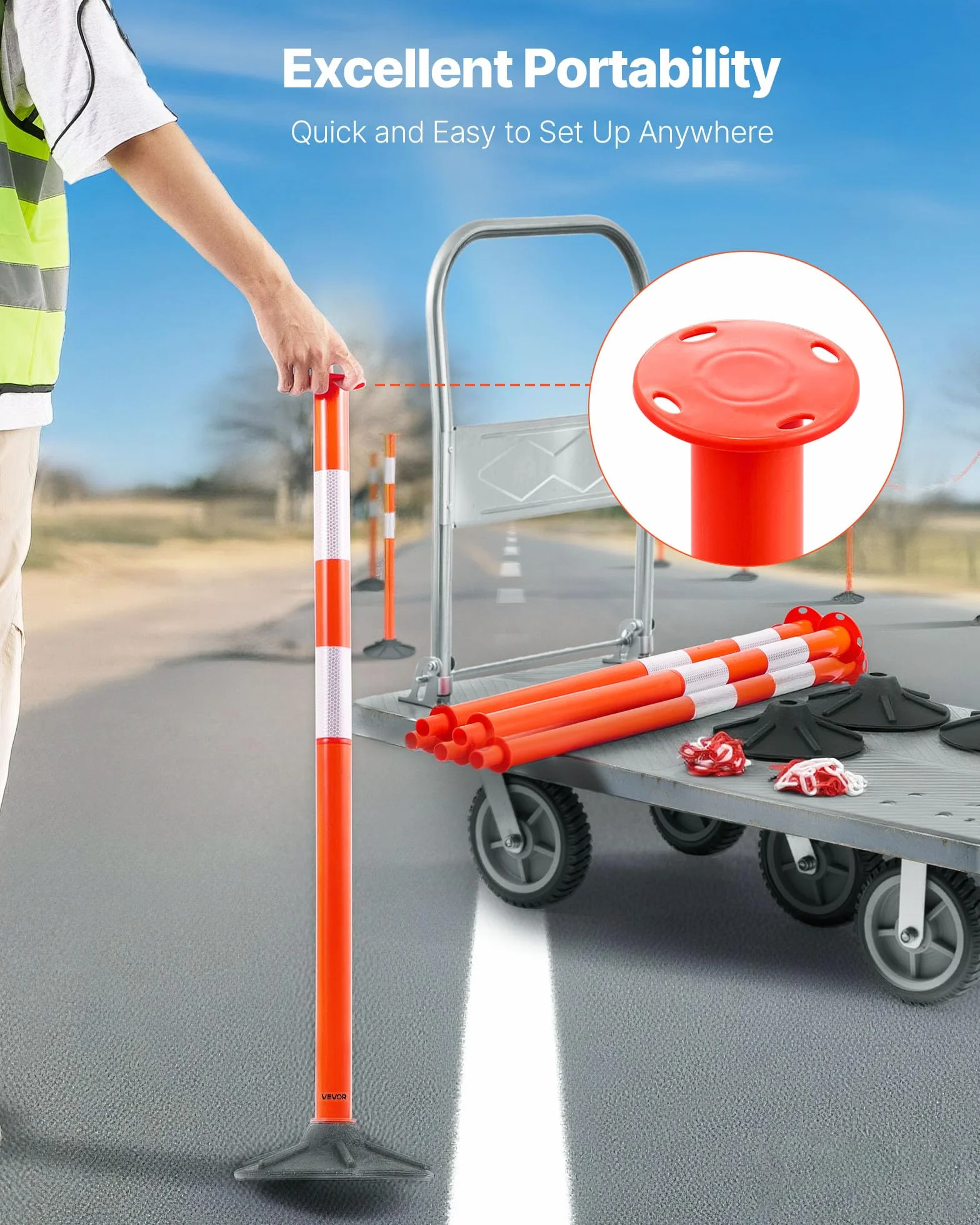 VEVOR Pali Delimitatori di Traffico, 3 Pezzi, Paletti di Sicurezza Stradale da 871 mm con Base Appesantita Strisce e Catena, Pali Delimitatori Resistenti per Cantieri Edili, Parcheggi, Rosso