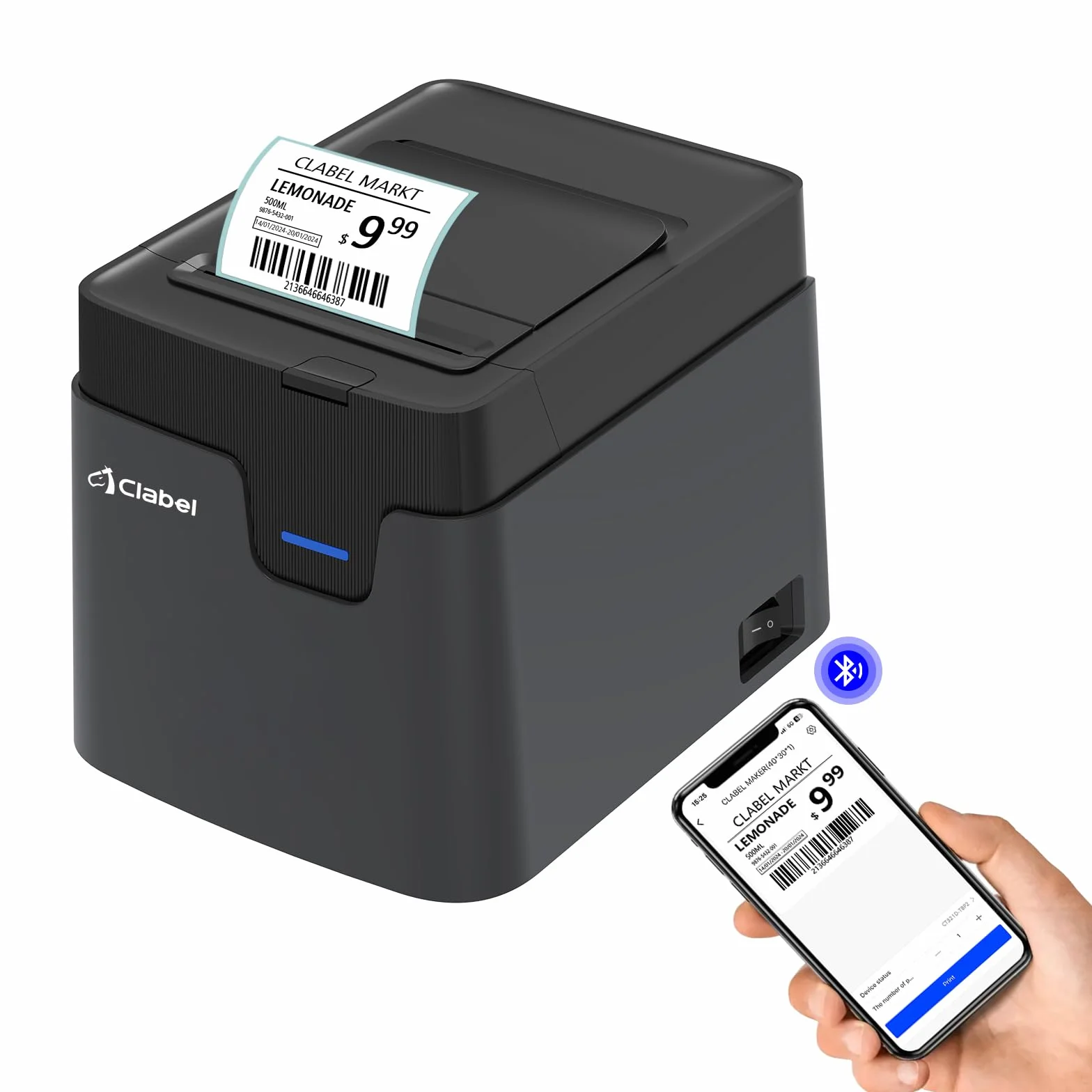 CLABEL Stampante per etichette Bluetooth, autoadesiva, termica 321D, etichettatrice per codice a barre con rotolo da 60 x 40 mm, con spina UE