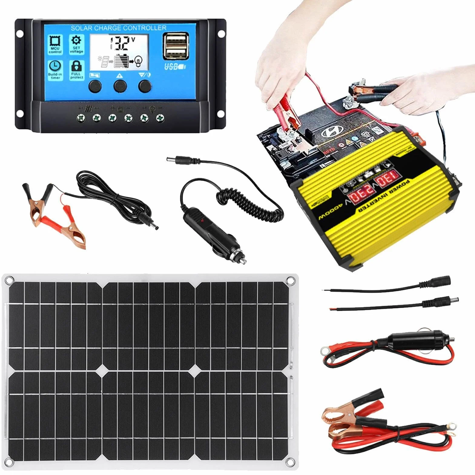 Keptfeet di Pannelli solari - Pannello Solare 12V 18W e Kit convertitore 300W,Solare da DC12V a AC110/220V 30A con Porte USB e Display a LED