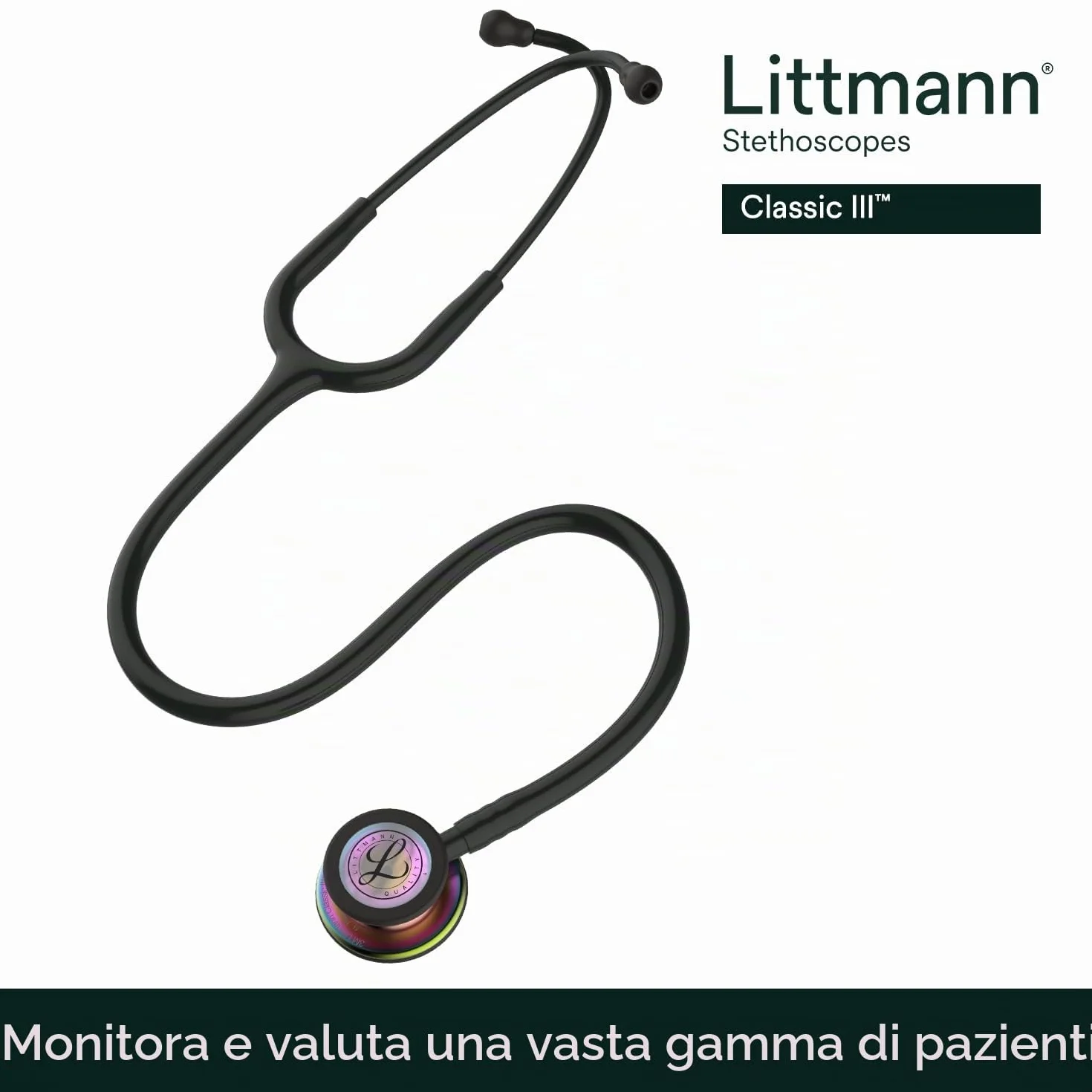 3M Littmann Stetoscopio per il monitoraggio Classic III, testina con finitura arcobaleno, connettore e archetto neri, tubo auricolare nero, 69 cm, 5870