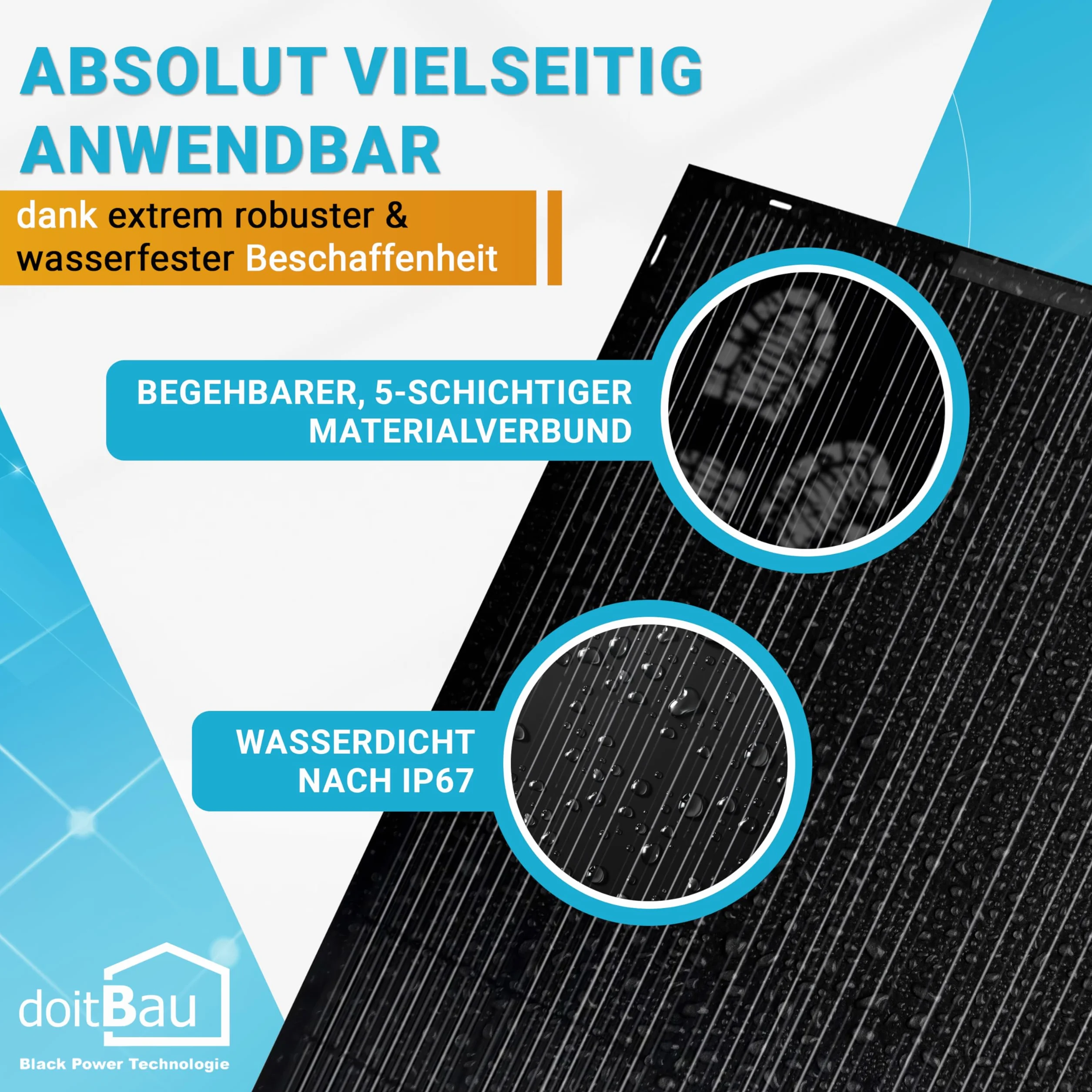 doitBau Modulo solare flessibile 200 W Full-Black - ultra sottile 2 mm, 1,9 kg - 1352 × 770 mm per camper, barca, balcone e tetto