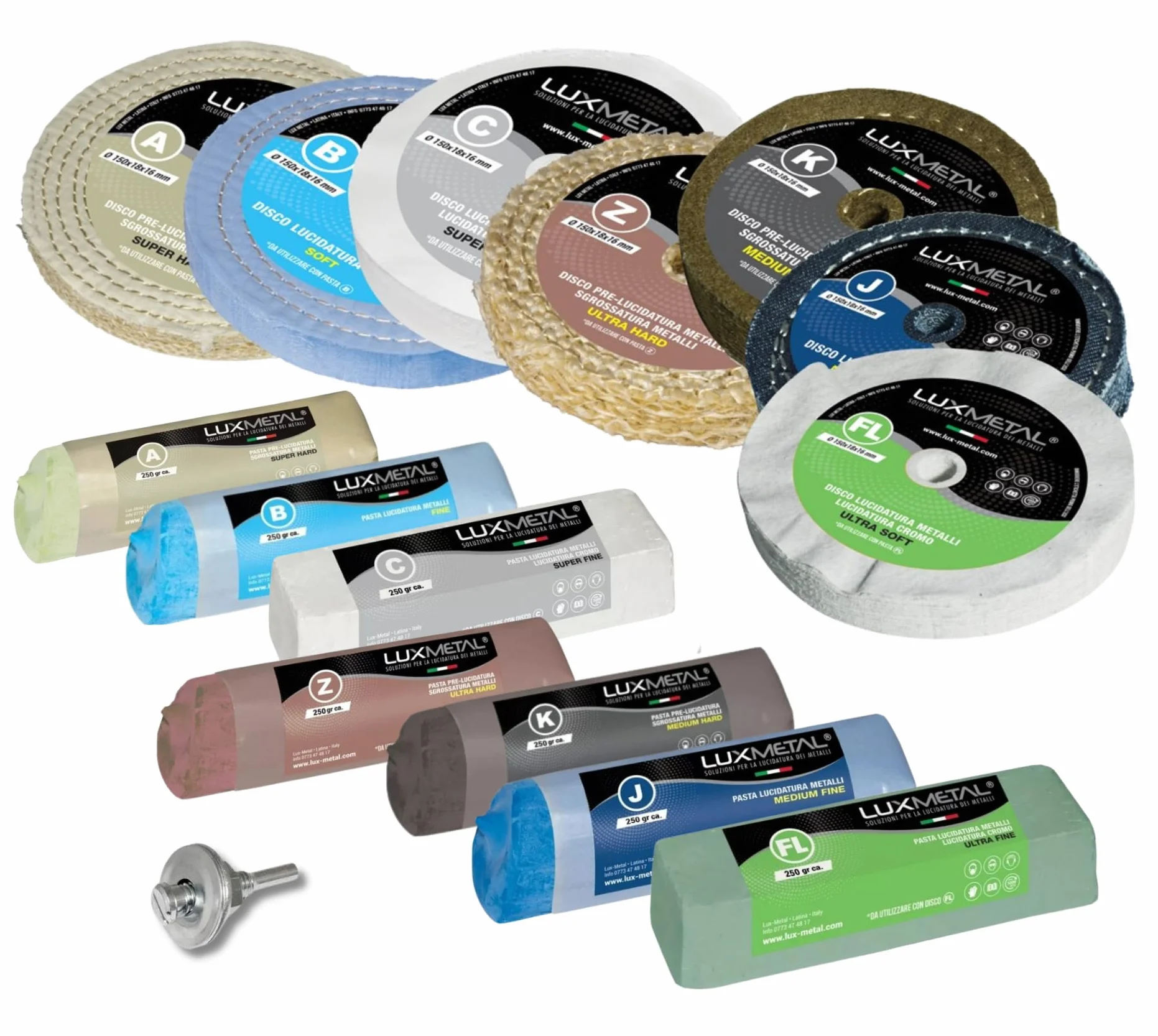 Lux Metal - Kit 7 Disco Lucidante 150 mm e 7 Pasta Abrasiva Lucidante 250 gr - Per Alluminio, Ferro, Acciaio Inox, Bronzo, Marmo - Ruota Lucidatura Metalli Trapano Mola Smerigliatrice Feltro Cotone