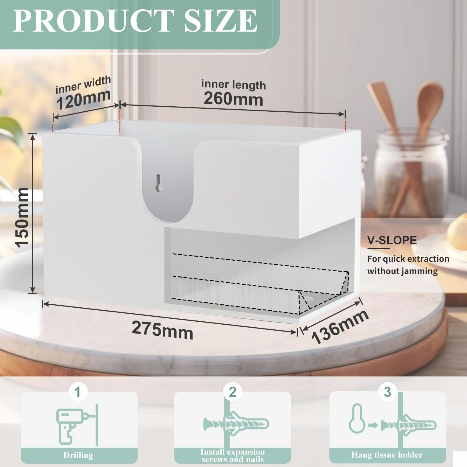 EFUTURETIME Dispenser per asciugamani di carta in bambù, 27,5x15x13cm, Bianco