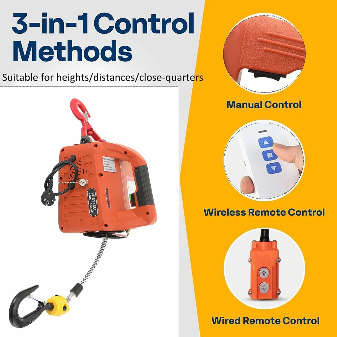 Paranco Elettrico Portatile Carico 500 kg, 3 in 1 Paranco Elettrico con Telecomando Senza Fili 7,6 m/25ft, 1500W Verricello Elettrico Gru di Sollevamento