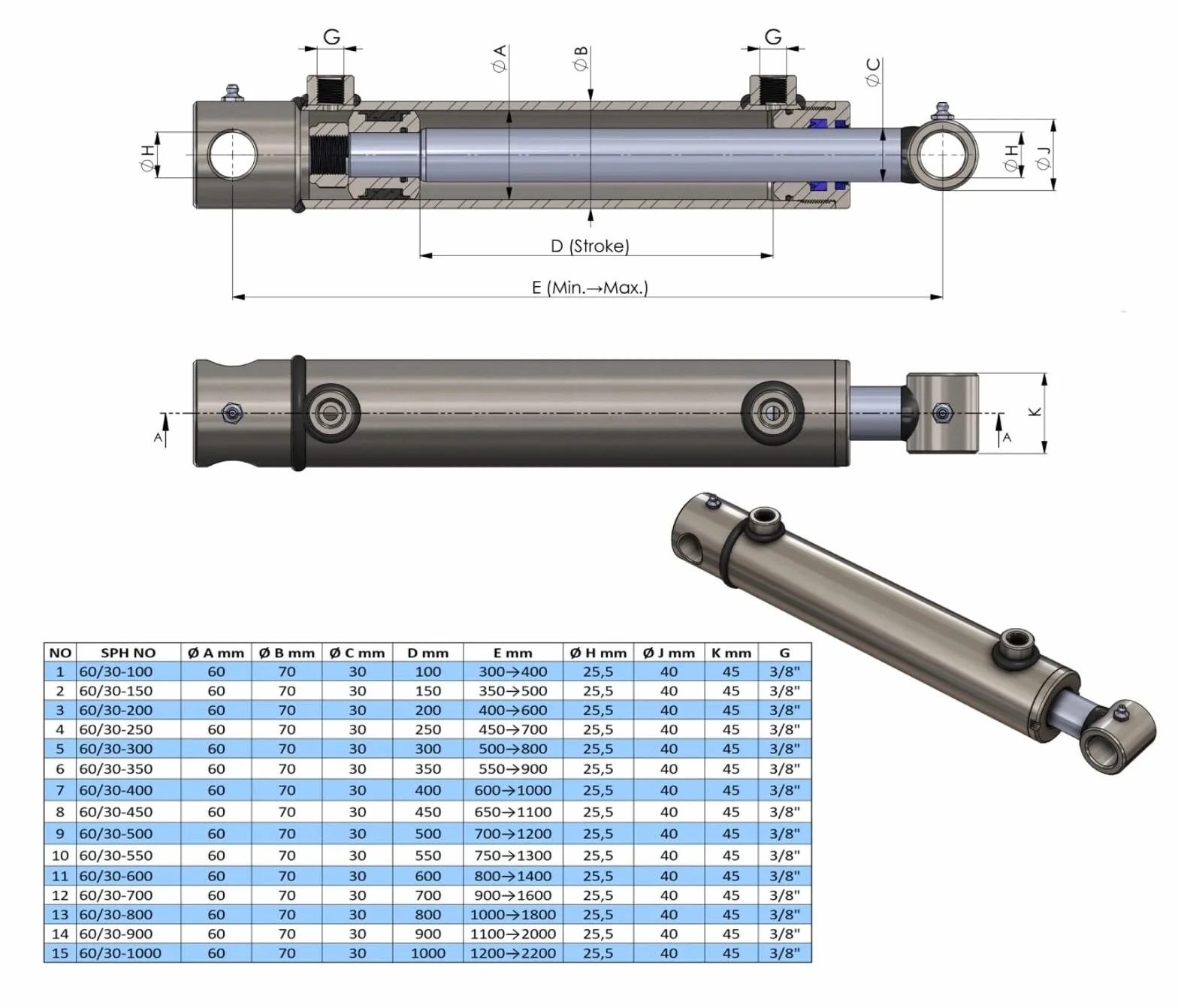 Cilindro idraulico a doppia azione con foro trasversale (60/30, 600 mm)