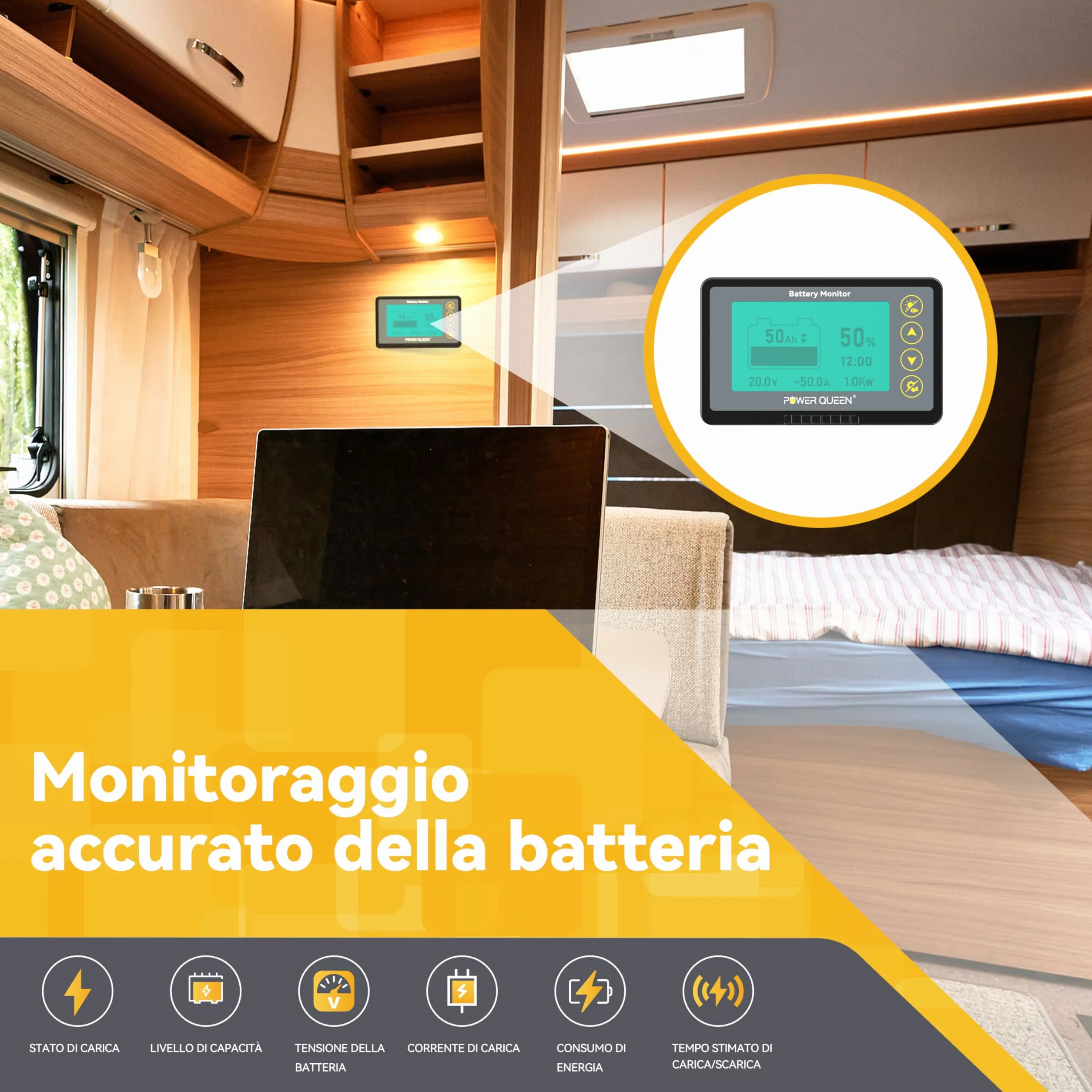Power Queen Monitor della batteria da 500 A con Shunt, allarme programmabile, 8 V-120 V, indicatore LCD, cavo schermato, compatibile con litio da 12 V, LiFePO4, gel, batterie allagate