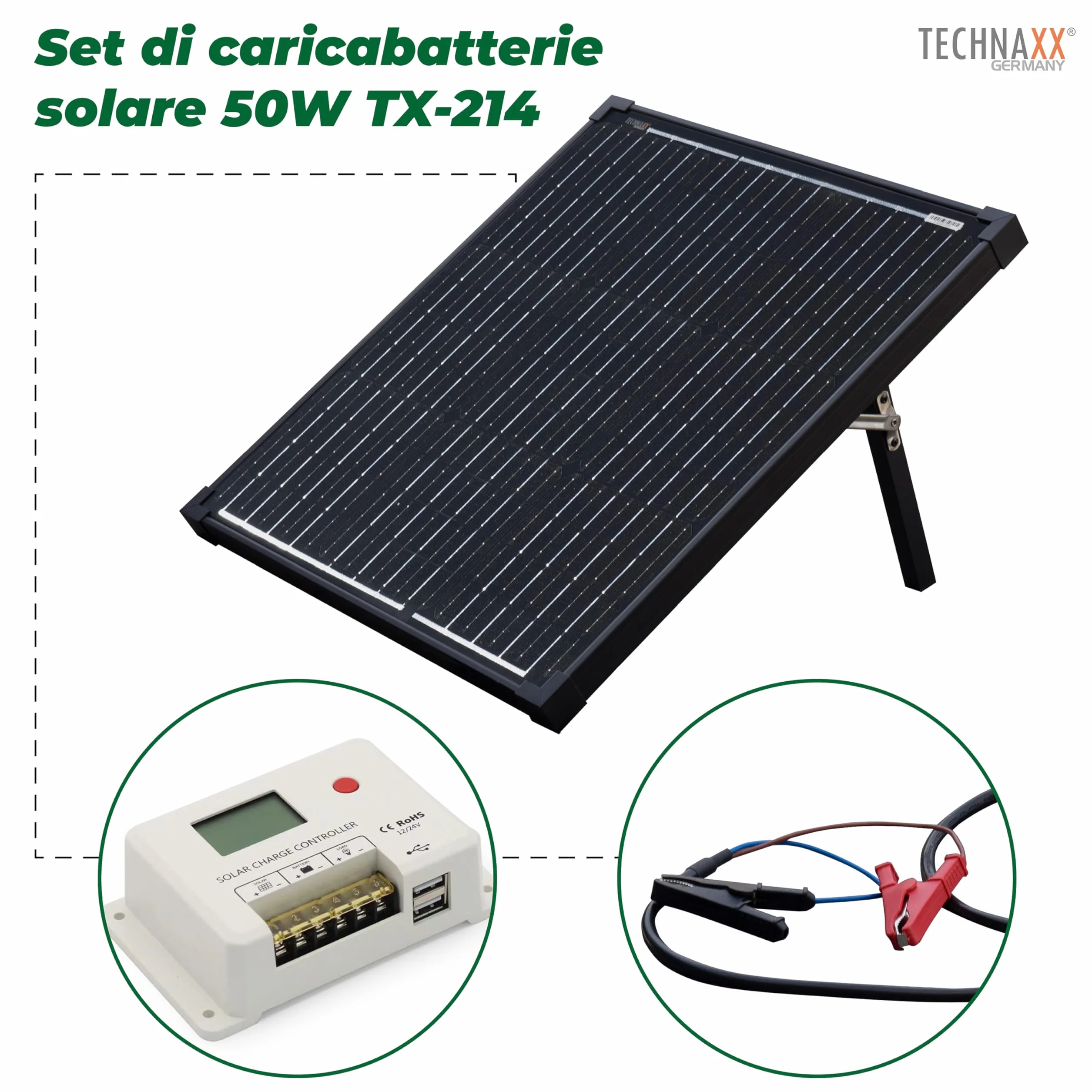 Technaxx Pannello Solare Portatile 50W Monocristallino con Controller LCD Kit Caricatore Solare con 2 USB 18V 2.78A Pannello Solare per Campeggio Giardino Camper Batterie 12V LiFePO4 AGM Gel - TX-214