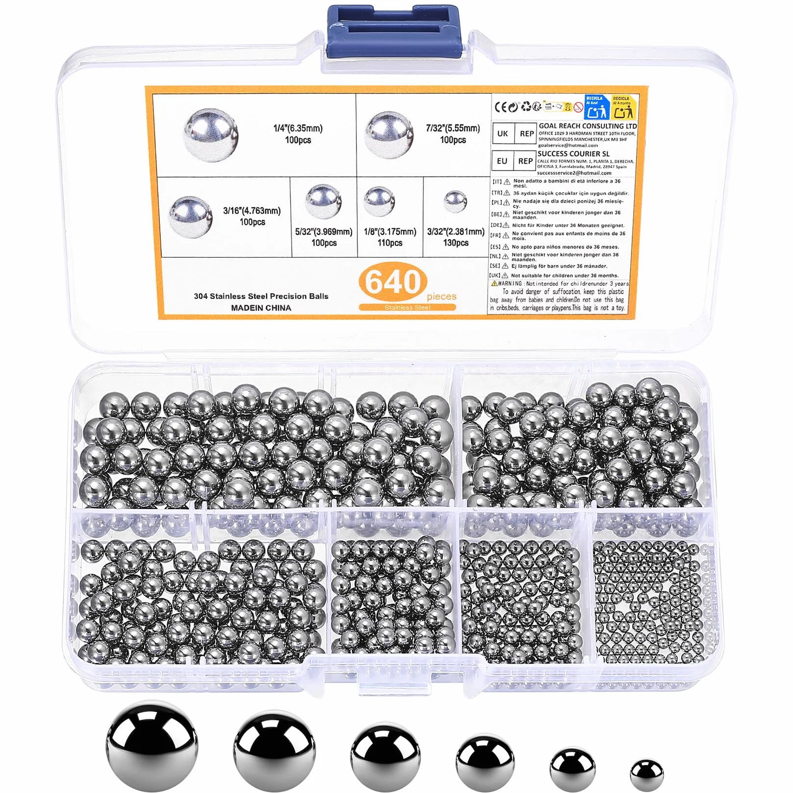 Cuscinetti a Sfera in Acciaio Inossidabile 304 640 Pz per Ruote Biciclette, Ceicoli, Rotelle, Skateboard 6 Misure