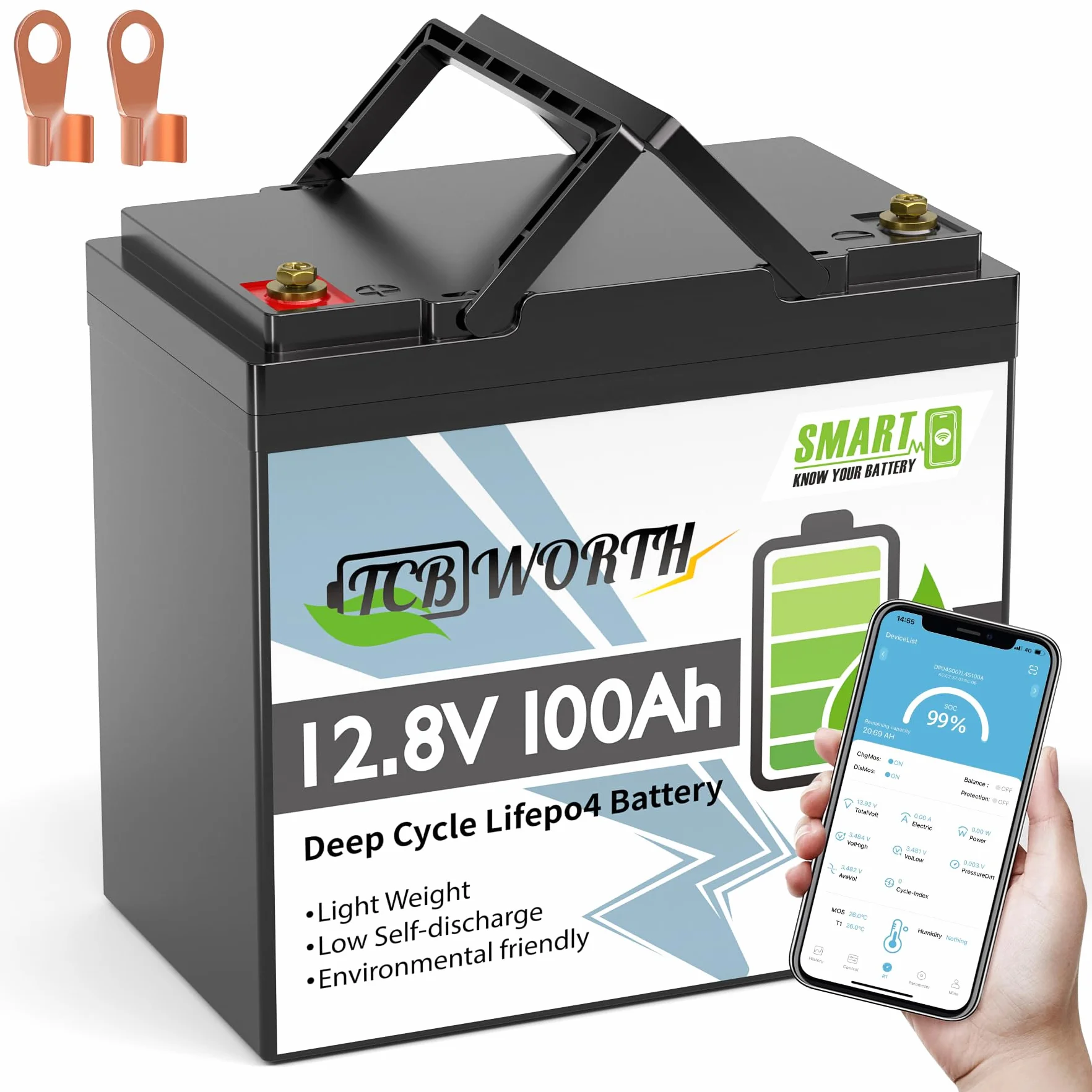 TCBWORTH LiFePO4 12V 100Ah Bluetooth Batterie al Litio 100A BMS, a Bassa Temperatura e 4000+ Ciclo Profondo, 1280Wh per Camper, Barca, Casa, Kit di Pannelli Solari, Campeggio