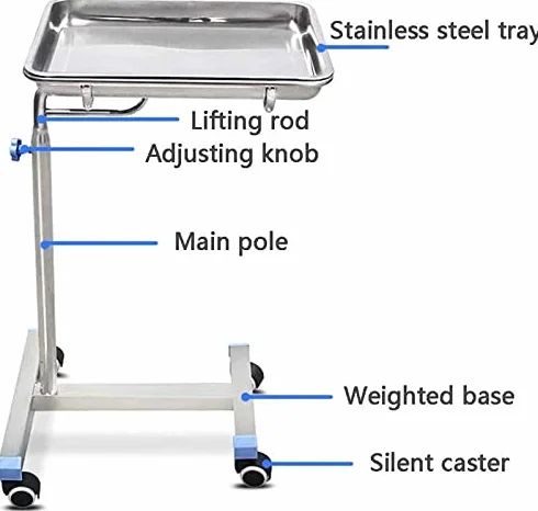 Carrello per strumenti chirurgici – vassoio mobile rimovibile in acciaio inox, altezza regolabile con coperchio piatto per attrezzature e forniture