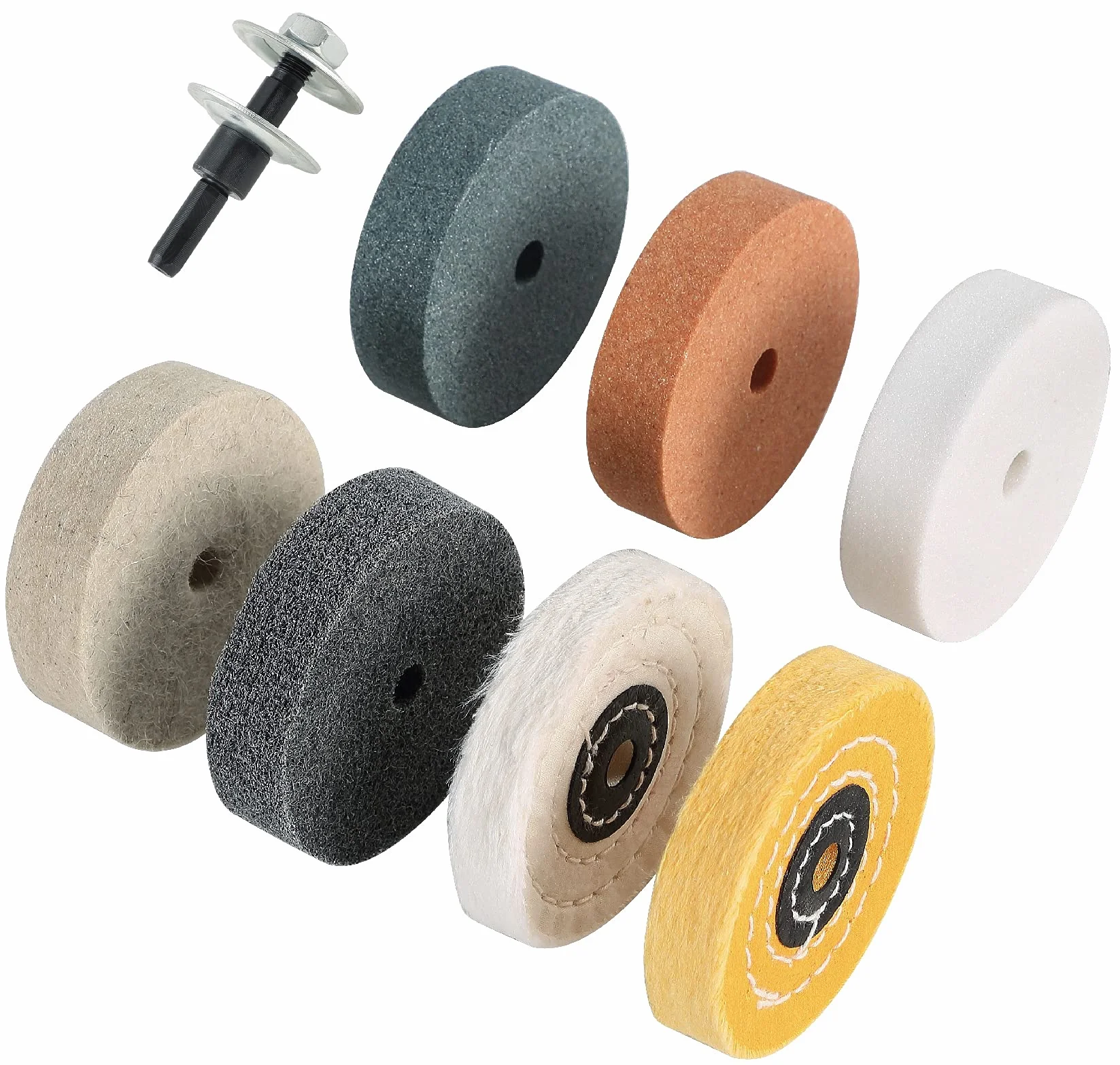 Set di mole abrasive e lucidanti da 75 mm (8 pezzi). Adatto per mini-lucidatrici e trapani elettrici. Affilatura, rimozione della ruggine e lucidatura. Adatto per il fai da te