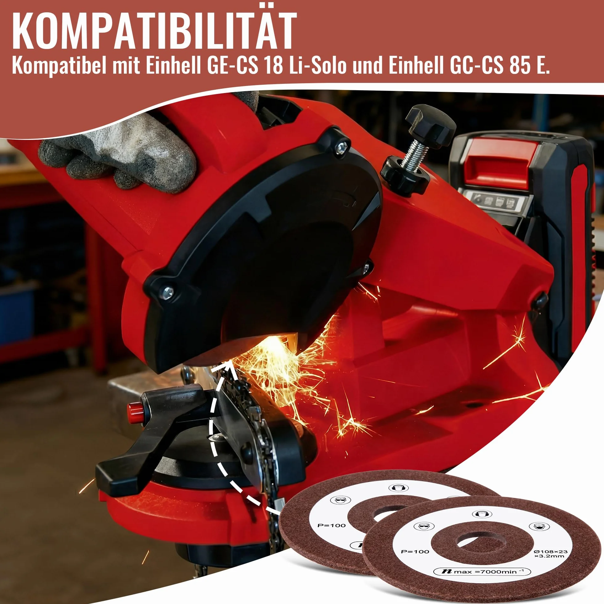 BBTO Mola abrasiva di ricambio in 2 pezzi compatibile con Einhell, diametro 108 mm, attacco 23 mm, grana P100, mola abrasiva per affilatura catene per seghe compatibile con Einhell