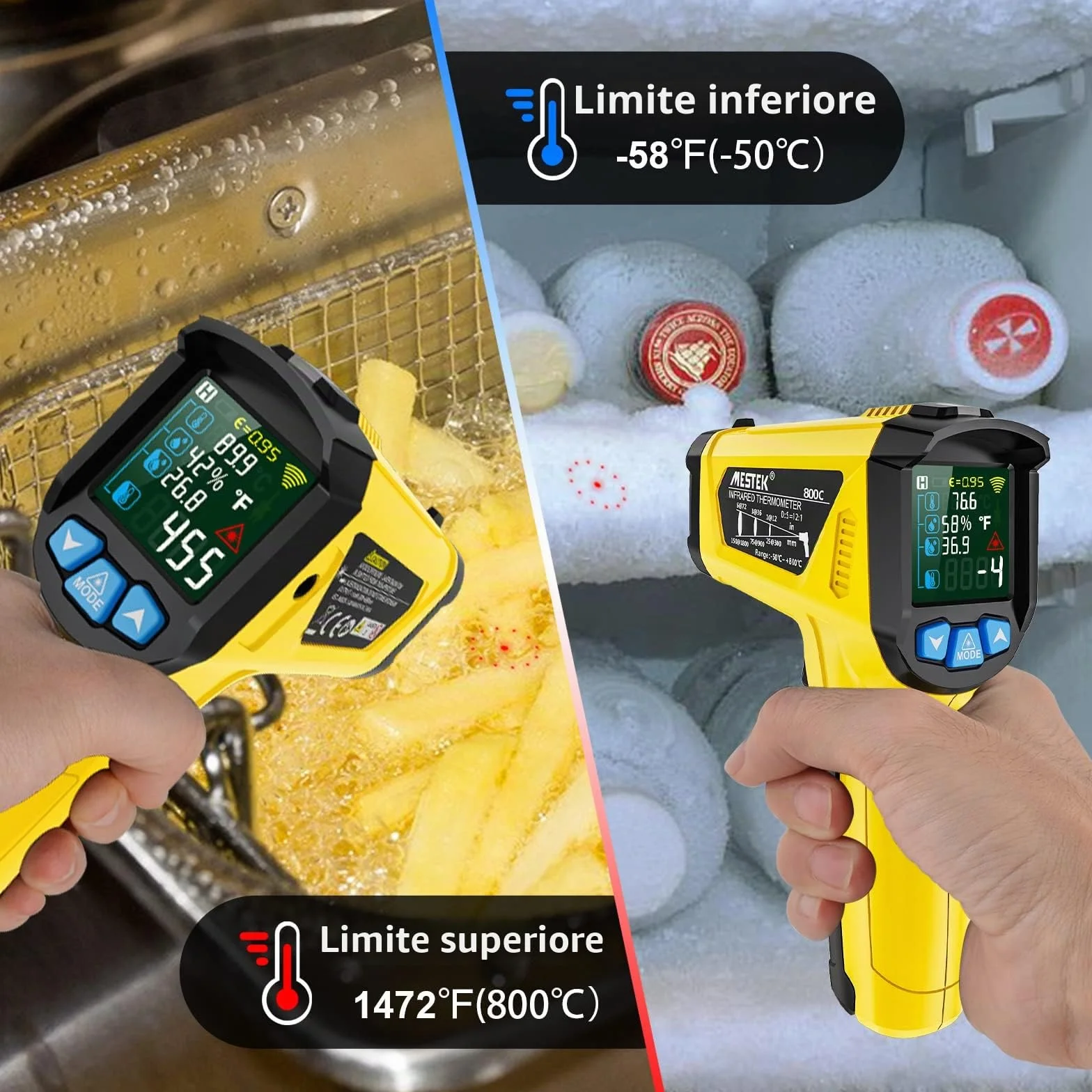 MESTEK Termometro a Infrarossi Digitale Laser -50°C 800°C con Sonda K Schermo LCD Colori