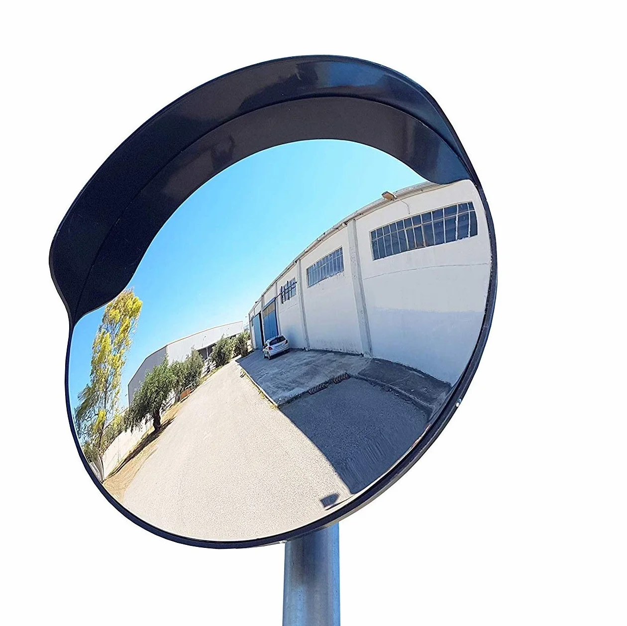 Specchio Convesso di Sicurezza da Traffico, per Strade, Magazzini, Garage e Negozi, Diametro 45 cm, Nero, Staffe di Fissaggio Tubi 48 mm