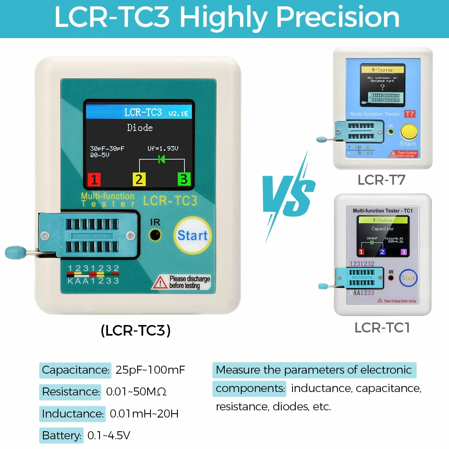 Tester Transistor LCR-T3, Transistor Multifunzione TFT con Display Grafico, Spegnimento Automatico, ESR NPN PNP MOSFET