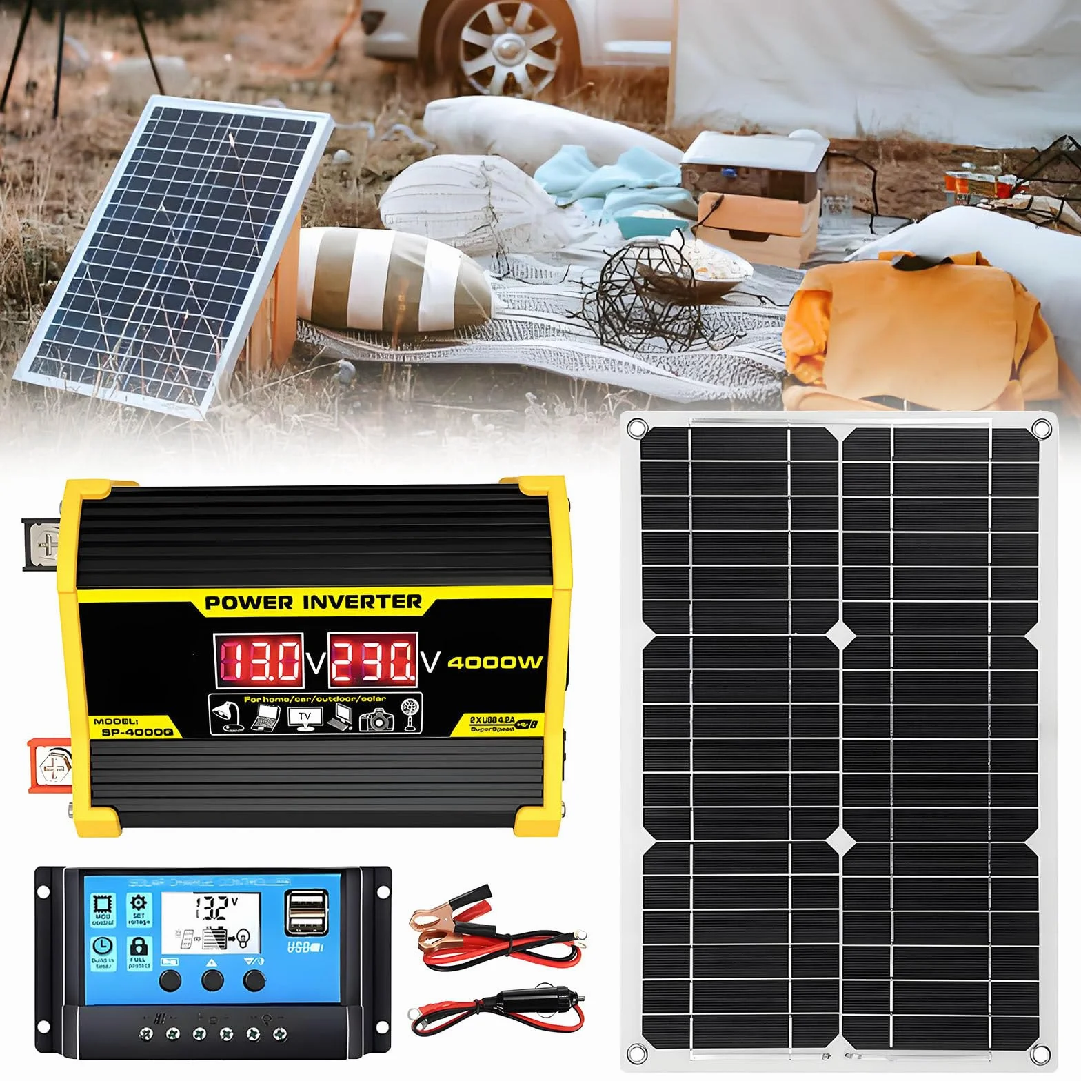 Kit Pannello Solare da 400 W, Pannello Solare Flessibile da 18W18V + Controller da 30 a + Inverter, per Camper, Barca, Tenda, Auto, Rimorchio, Ricarica della Batteria Black-220V